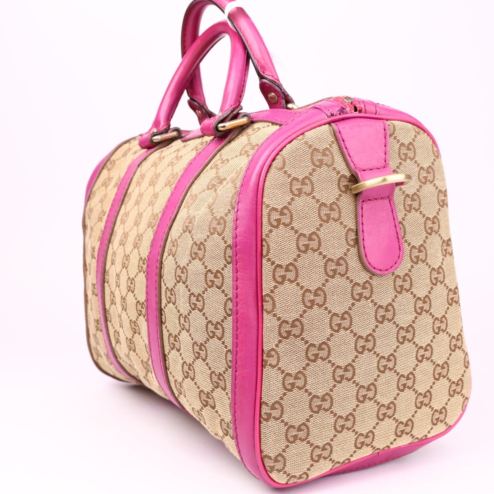 J1020 Gucci Boston Bag in Brown Canvas & Fuschia Leather- Pre Owned