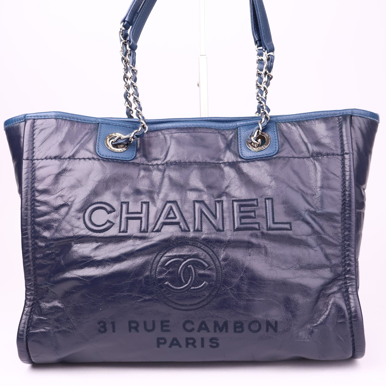 J1023 Chanel Deauville Large Navy Blue Leather Totes Bag- Pre Owned