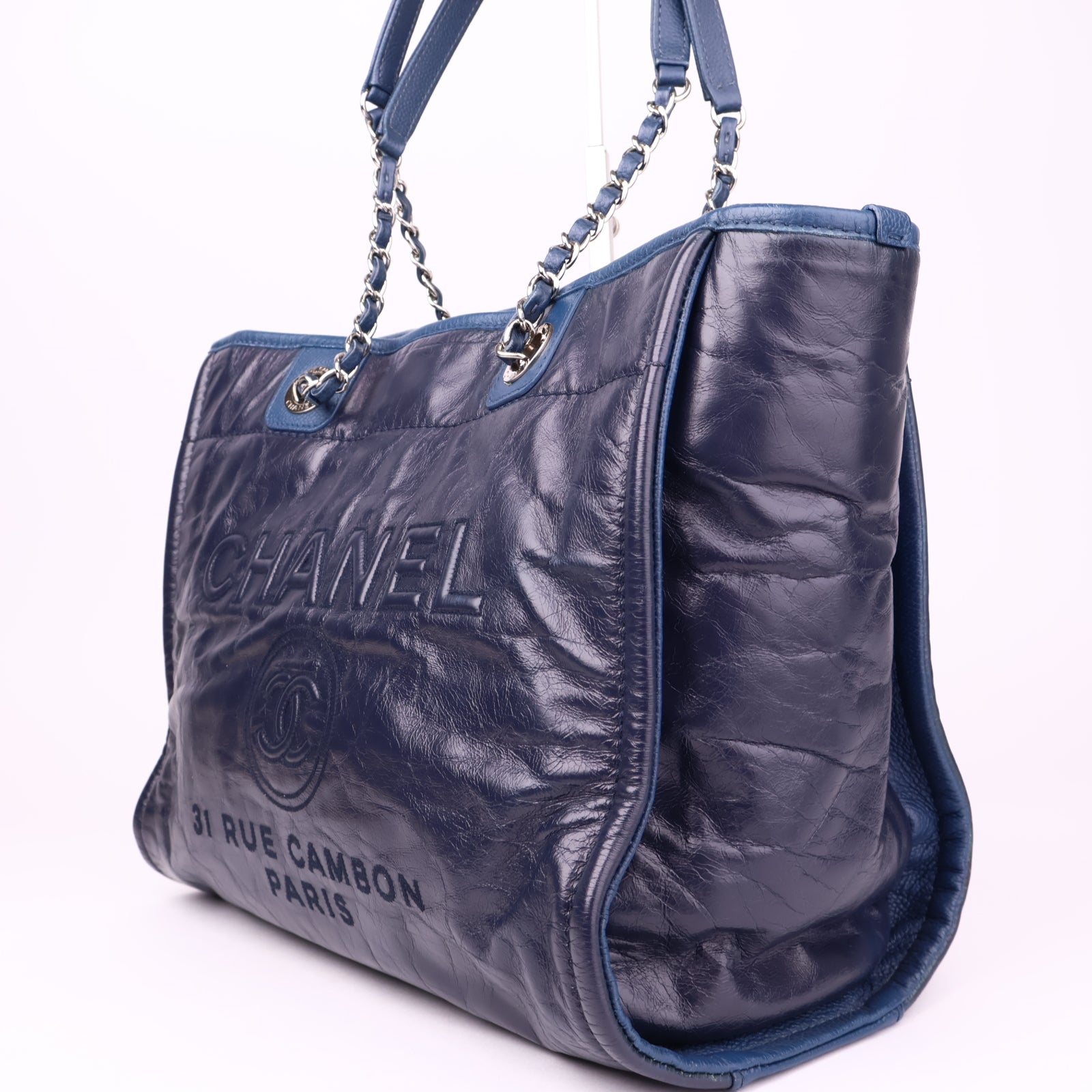 J1023 Chanel Deauville Large Navy Blue Leather Totes Bag- Pre Owned