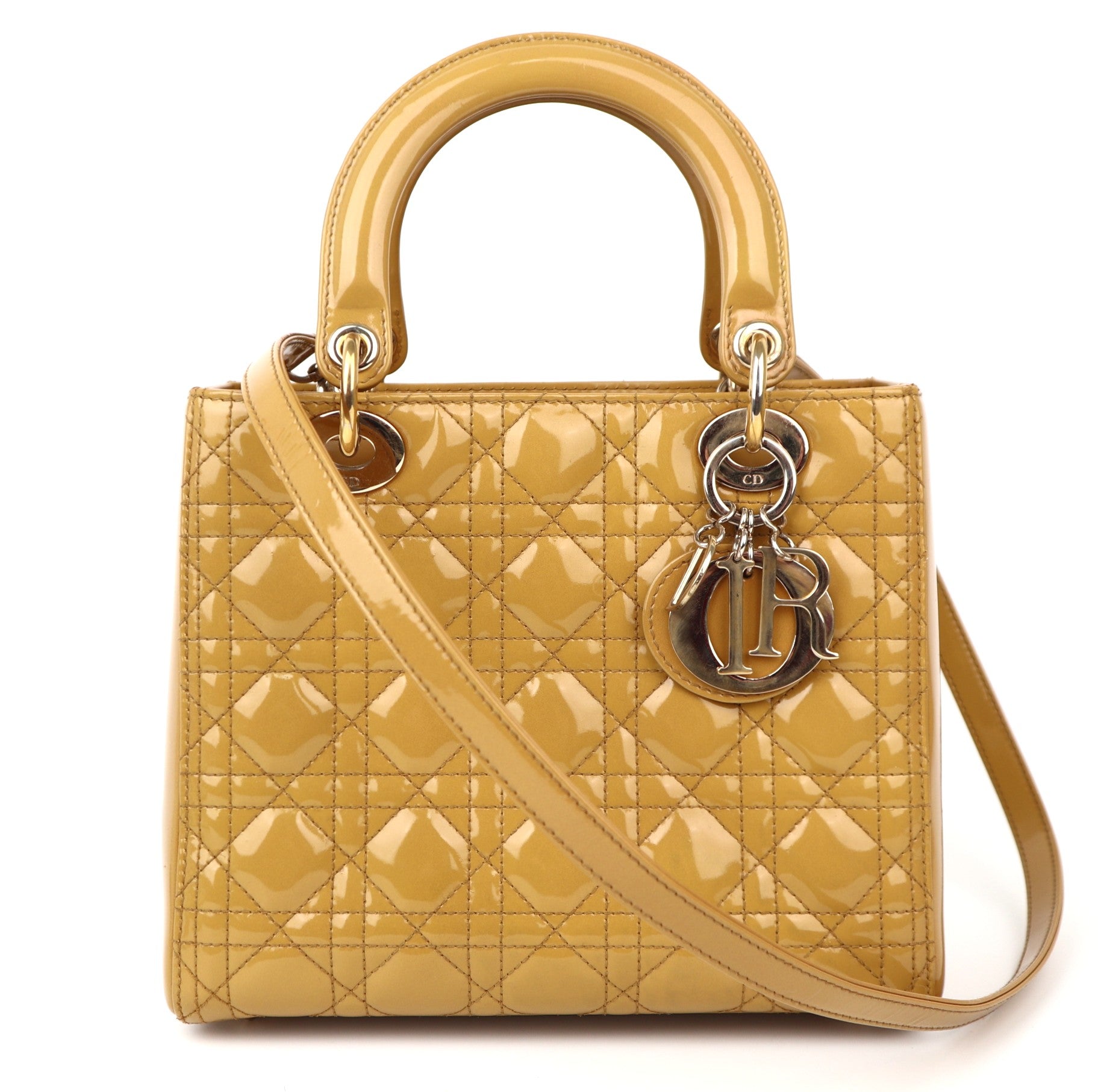 C1263 Christian Dior Lady Dior Medium Handbag in Yellow Patent Leather-Pre Owned