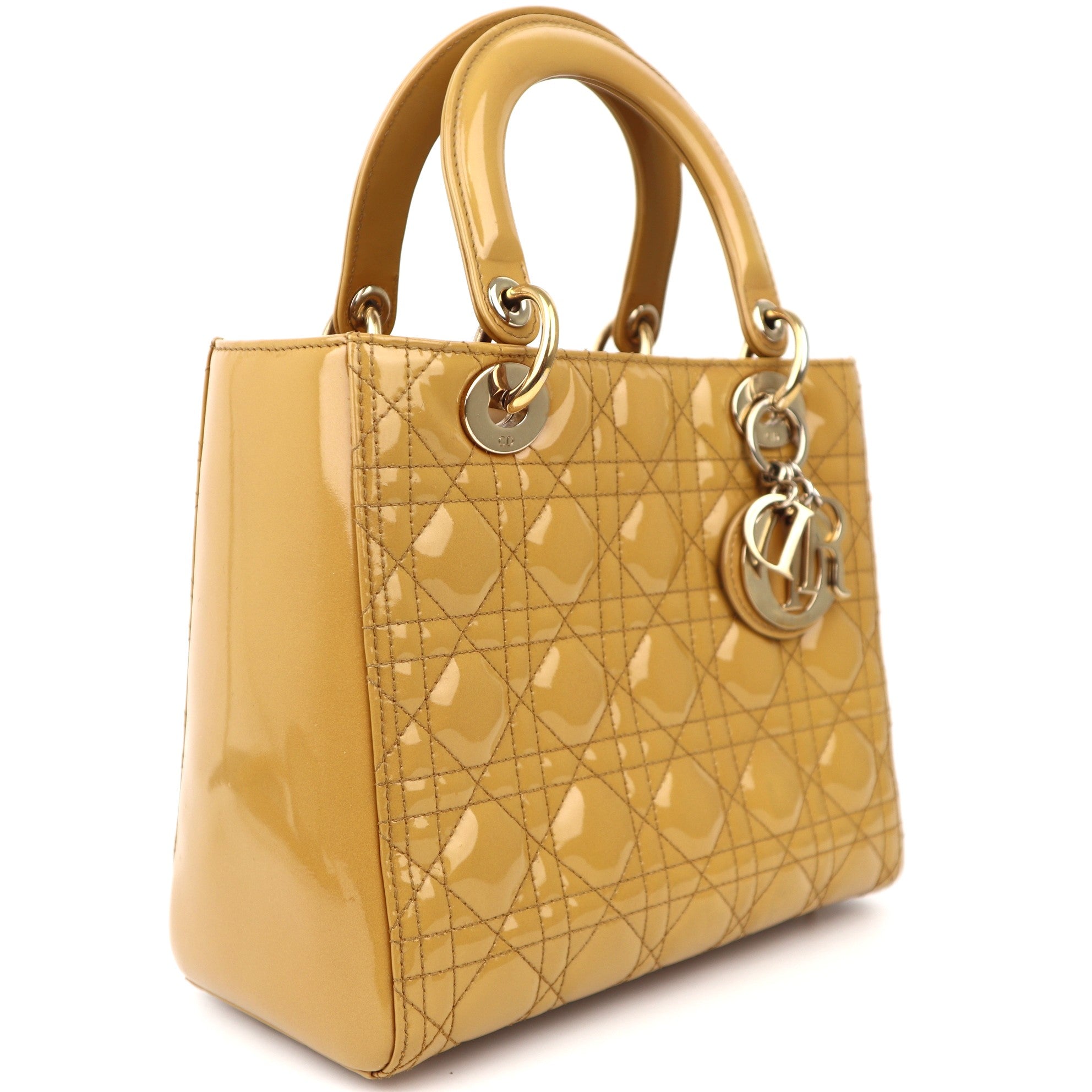 C1263 Christian Dior Lady Dior Medium Handbag in Yellow Patent Leather-Pre Owned