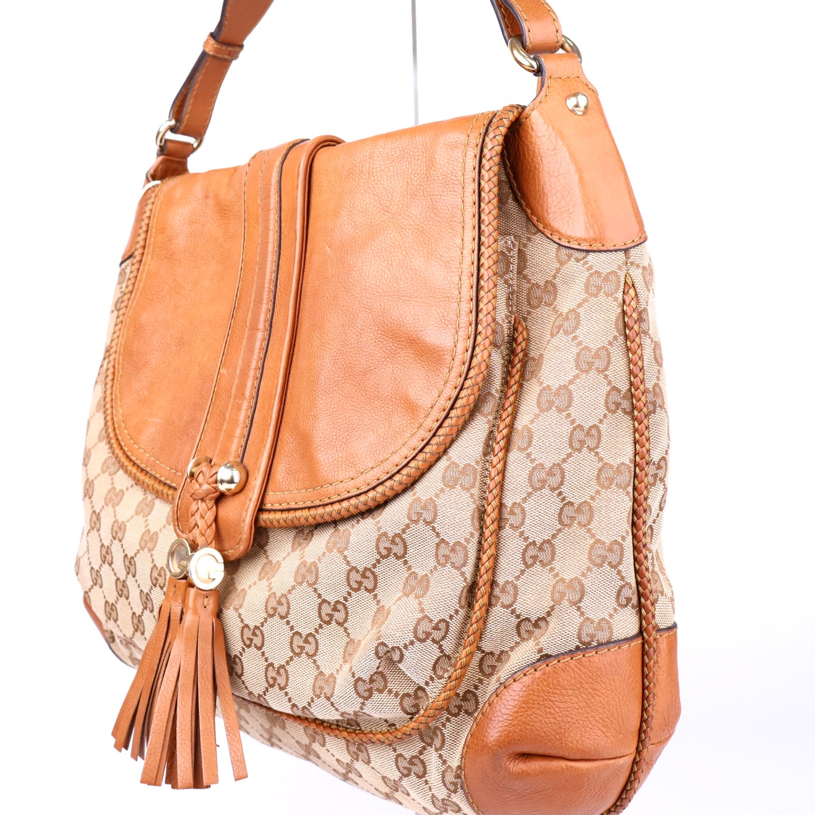 J3508 GUCCI Beige GG Canvas And Tan Leather Marrakech Flap Shoulder Bag- Pre Owned