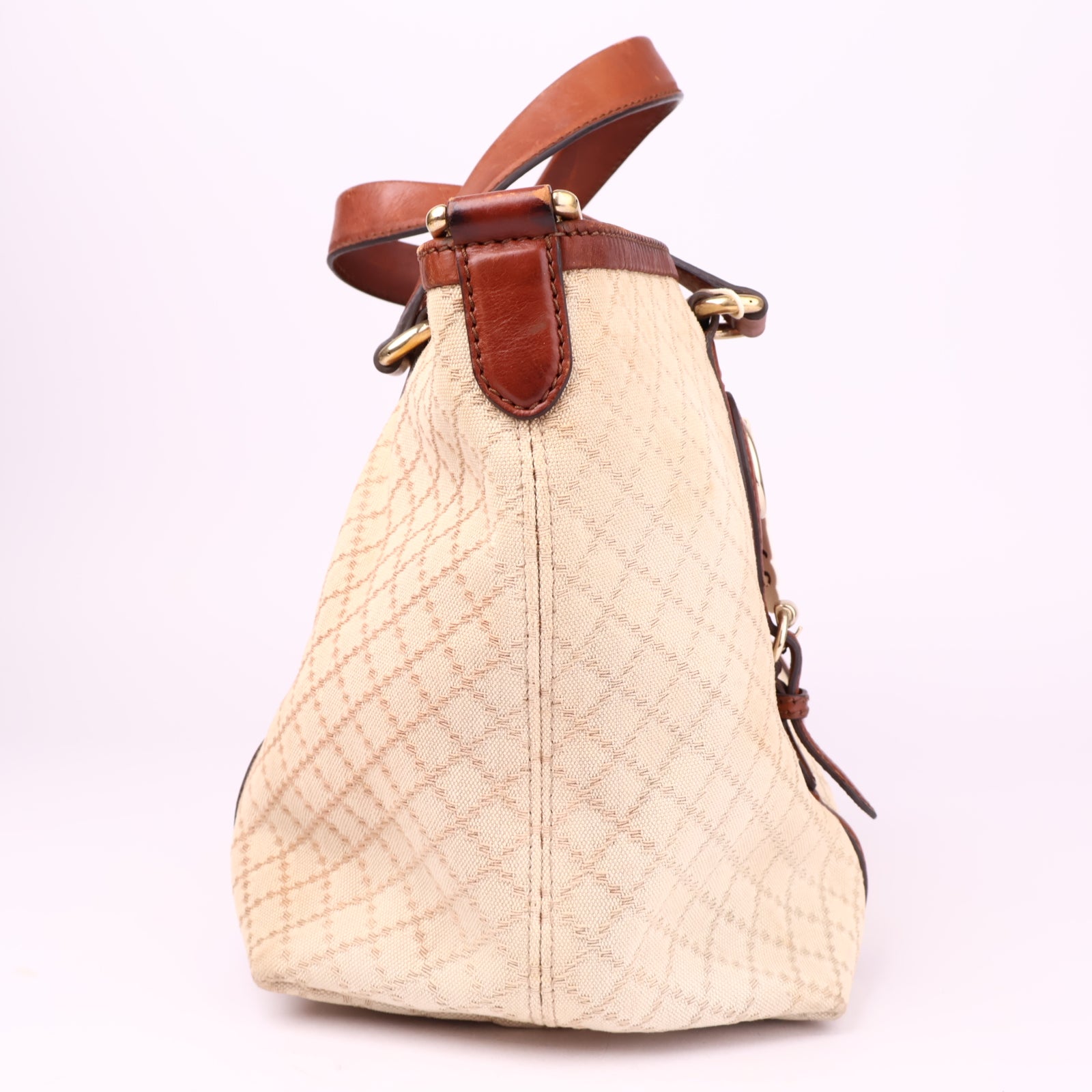 J3509 Gucci Brown Diamante Canvas Satchel Beige Leather- Pre Owned