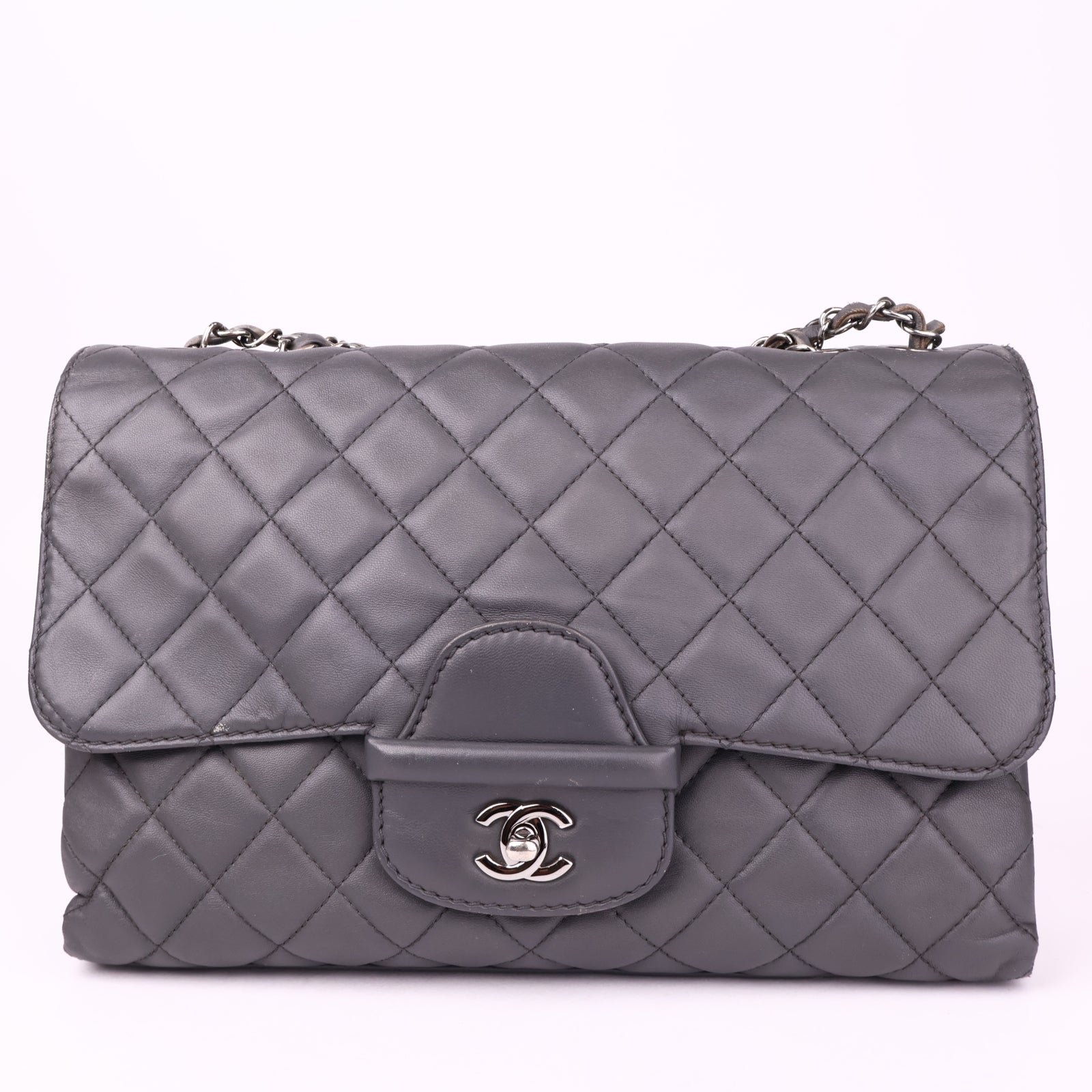 J3541 Chanel Lambskin Quilted Jumbo Coco Loop Flap Grey- Pre Owned