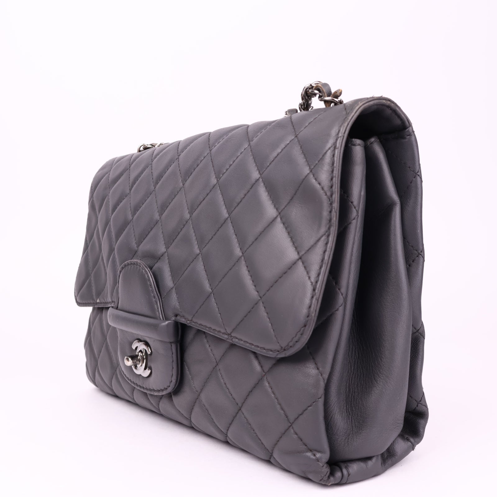 J3541 Chanel Lambskin Quilted Jumbo Coco Loop Flap Grey- Pre Owned