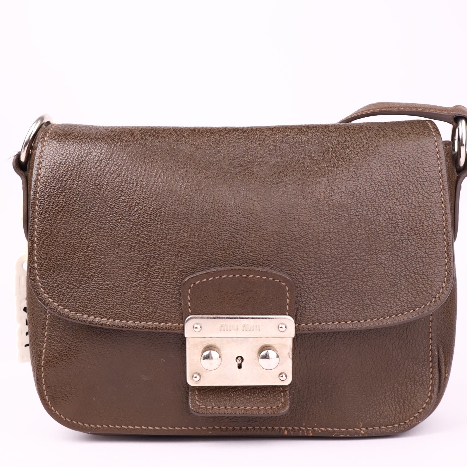 J3540 Miu Miu Beige Madras Leather Pushlock Flap Shoulder Bag- Pre Owned