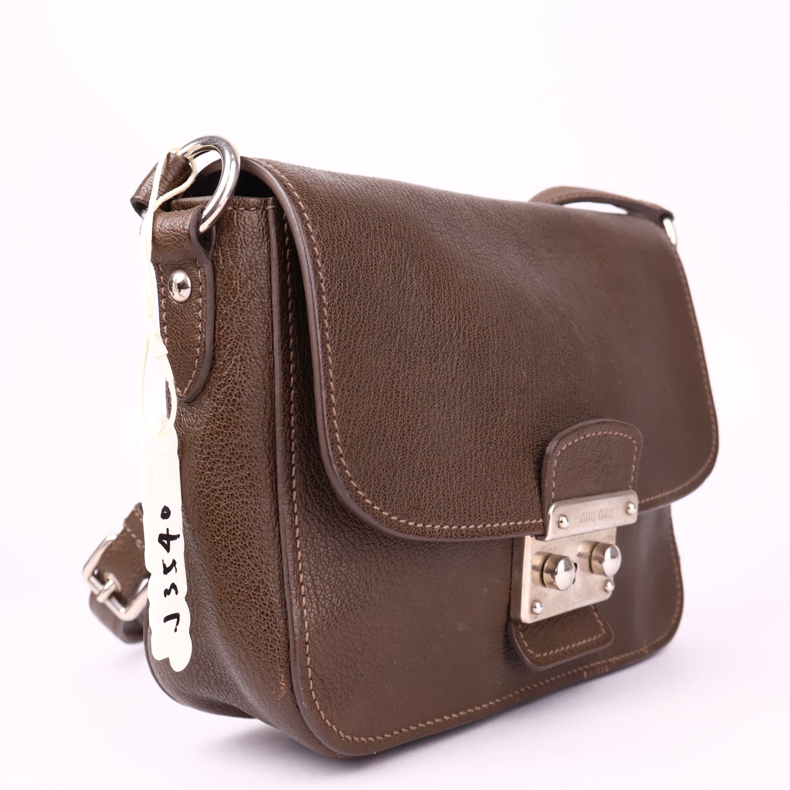 J3540 Miu Miu Beige Madras Leather Pushlock Flap Shoulder Bag- Pre Owned