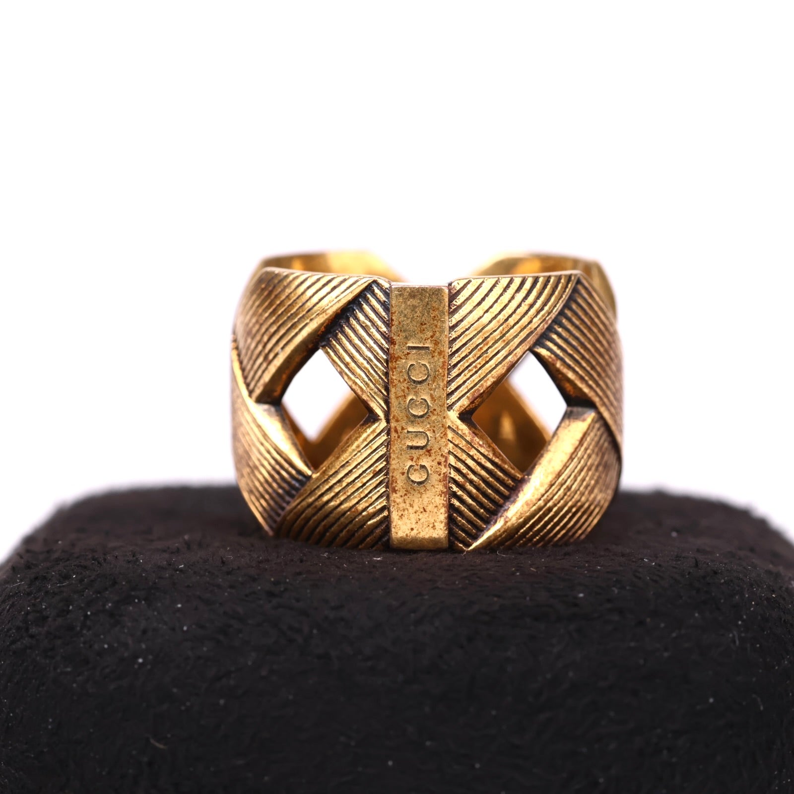 J3553 Gucci Gold-Tone GG Logo Wide Band Ring Size 19- Pre Owned