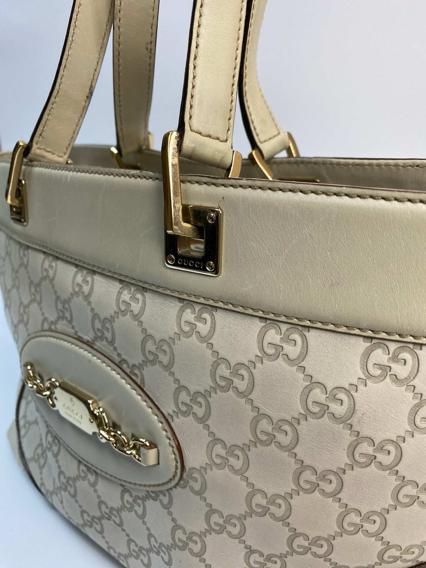J2858 Gucci Tote Bag Guccisima White Tote Bag | Pre-Owned White Leather Guccissima