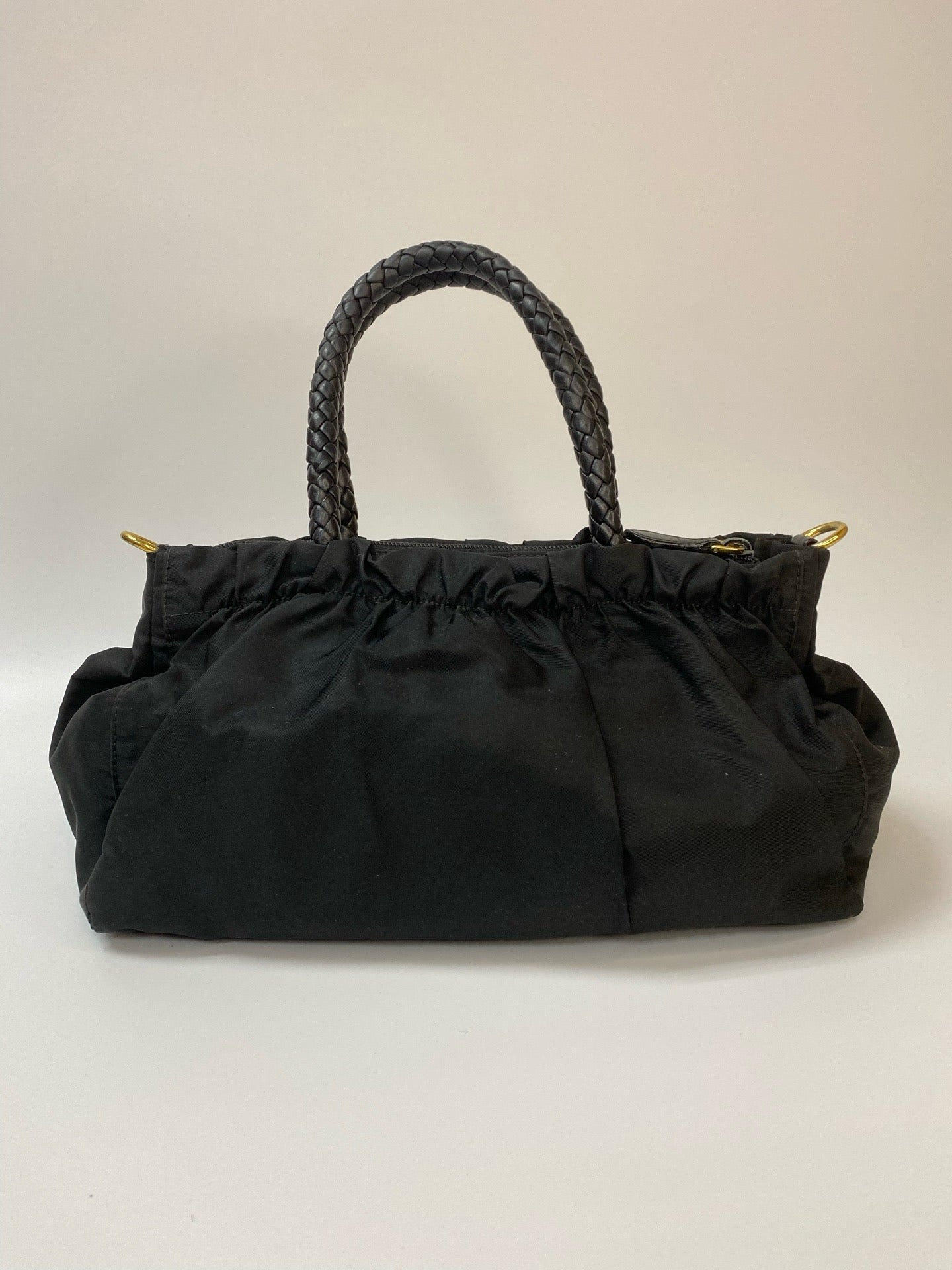 J2959 Prada Top Handle Bag Bow Logo Nylon Shoulder Bag In Balck Gold | Pre-Owned Black Logo Nylon