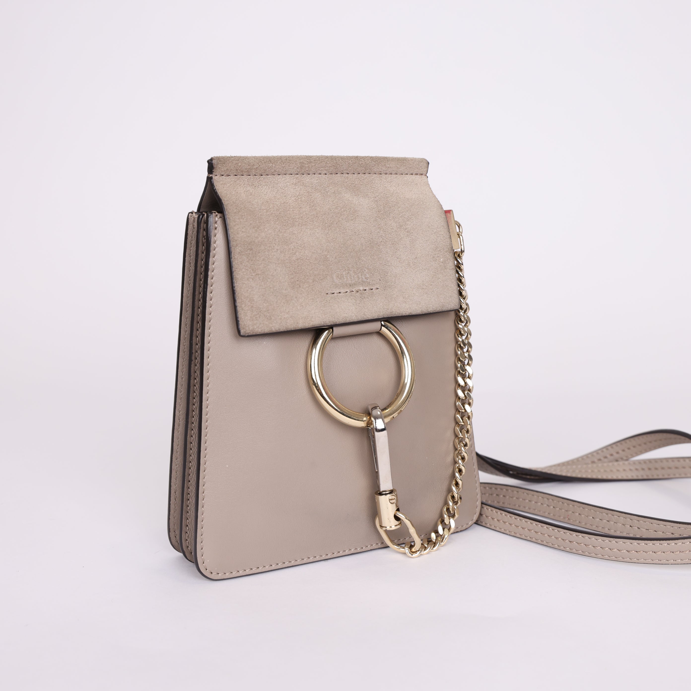 PRE OWNED- Chloe Dark Beige Leather and Suede Mini Faye Crossbody Bag J0375B71182