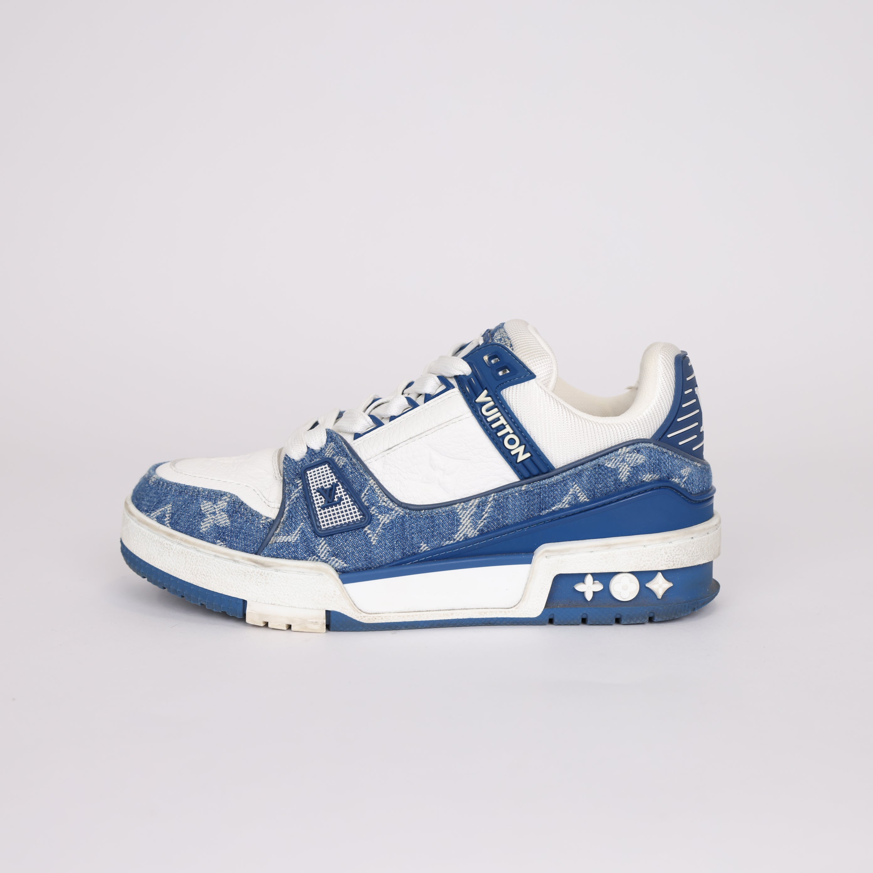 PRE OWNED- LOUIS VUITTON LV Trainer Sneakers White with Blue Mesh Monogram SIZE EU35/UK2 J0245J65112