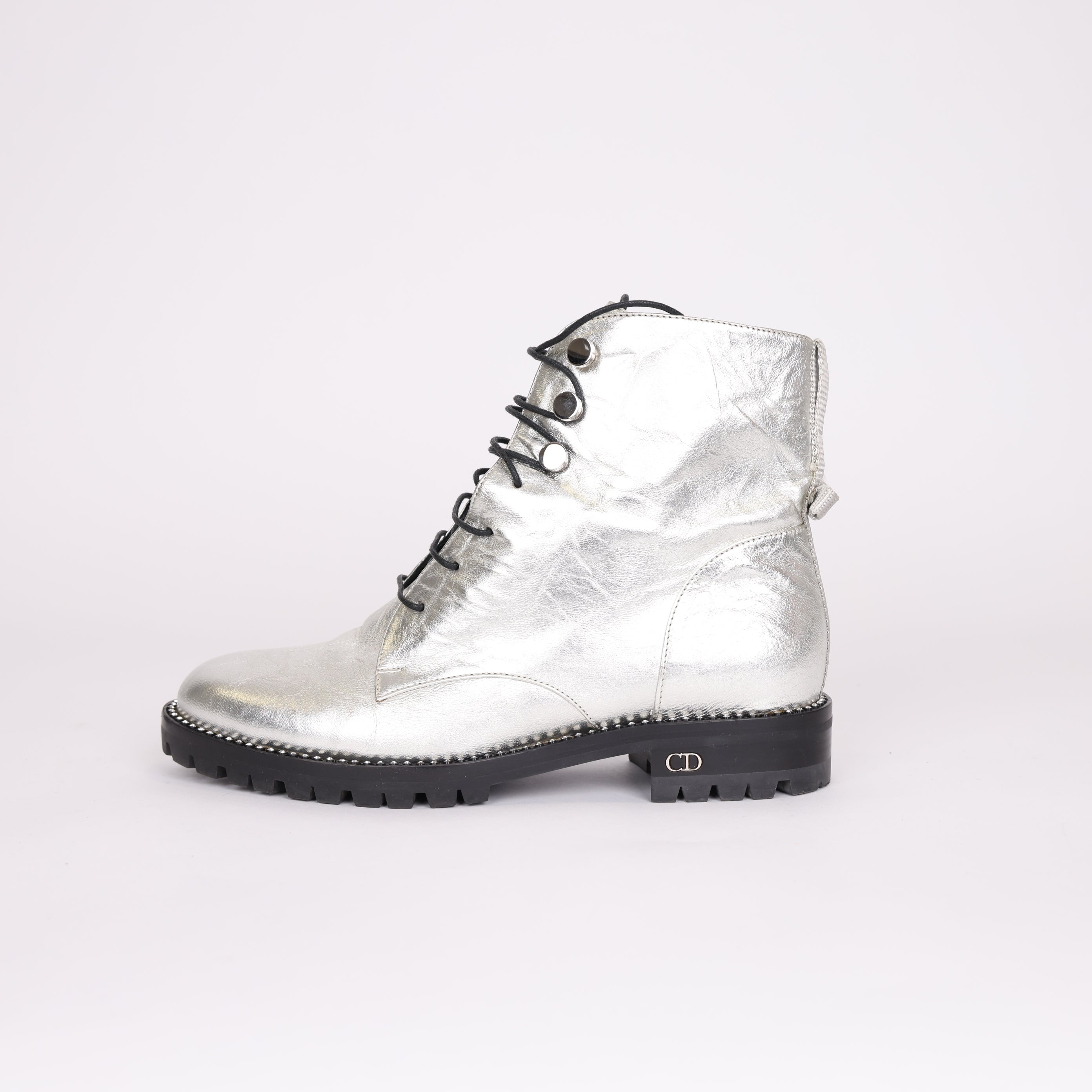 PRE OWNED- Dior Silver Leather Ranger Boots Size EU35/ UK2