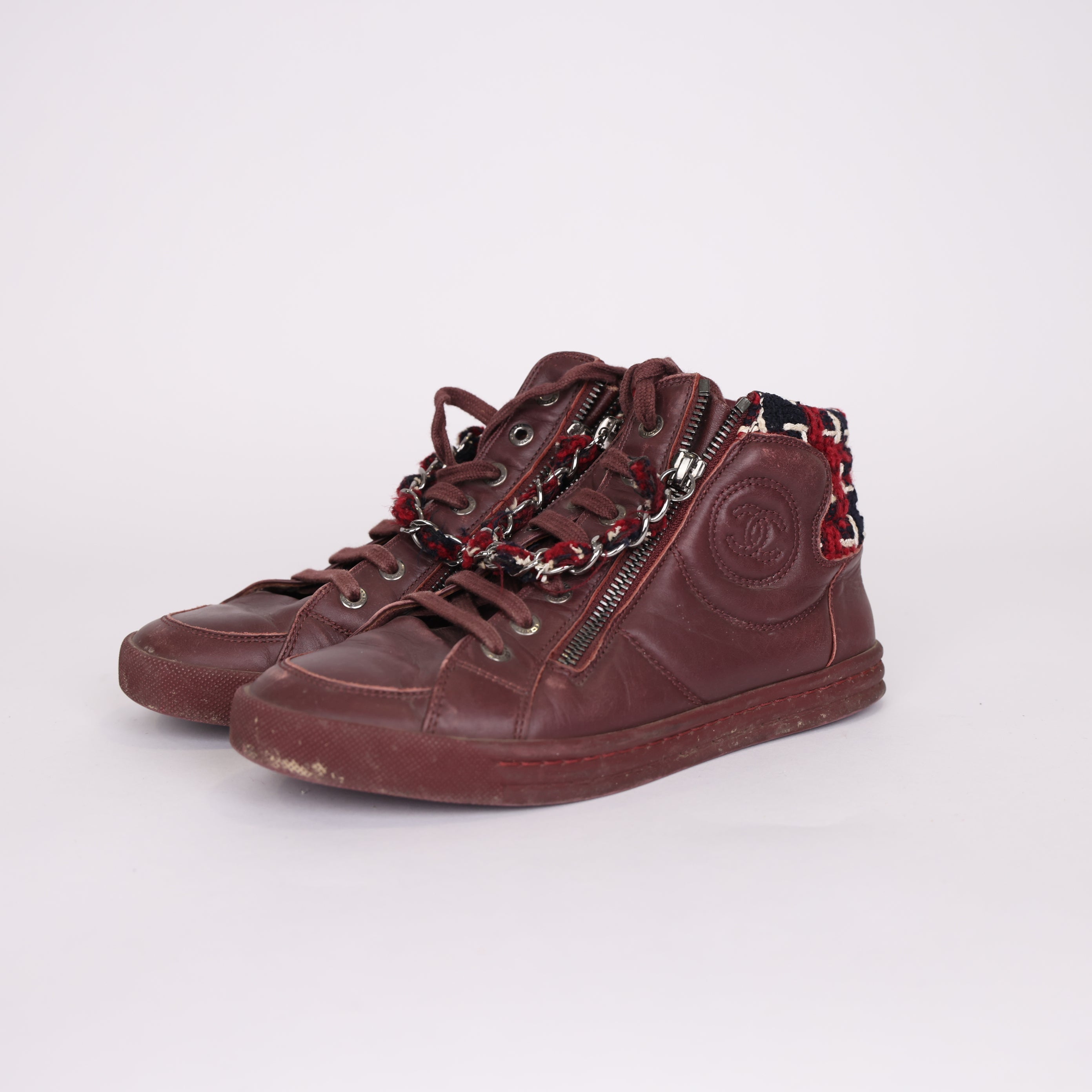 PRE OWNED- Chanel Burgundy Double C Embossed High-Top Sneakers Size EU36.5/UK3.5 J0537S80021