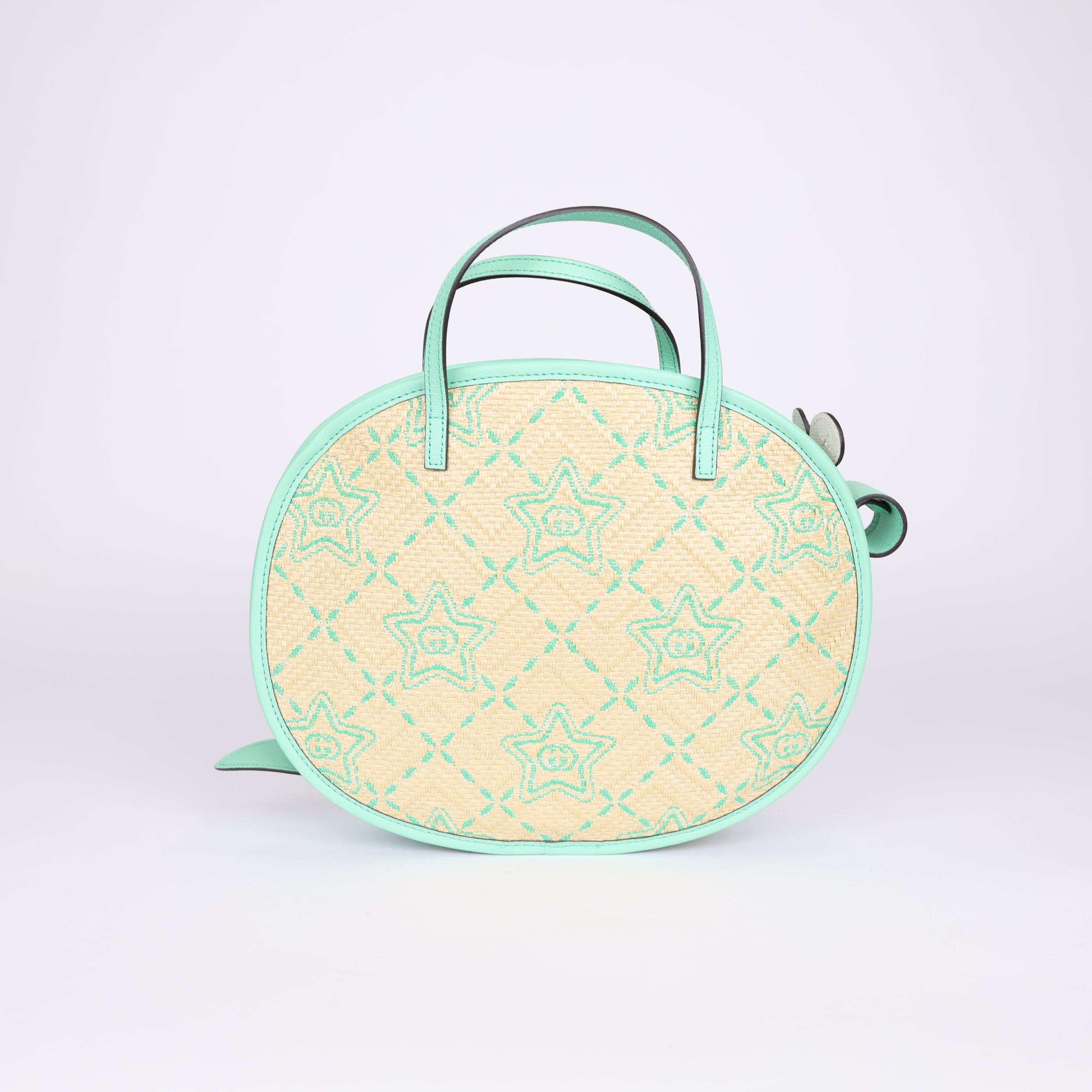 PRE OWNED- GUCCI Girls Beige &amp; Green Raffia Snail Bag