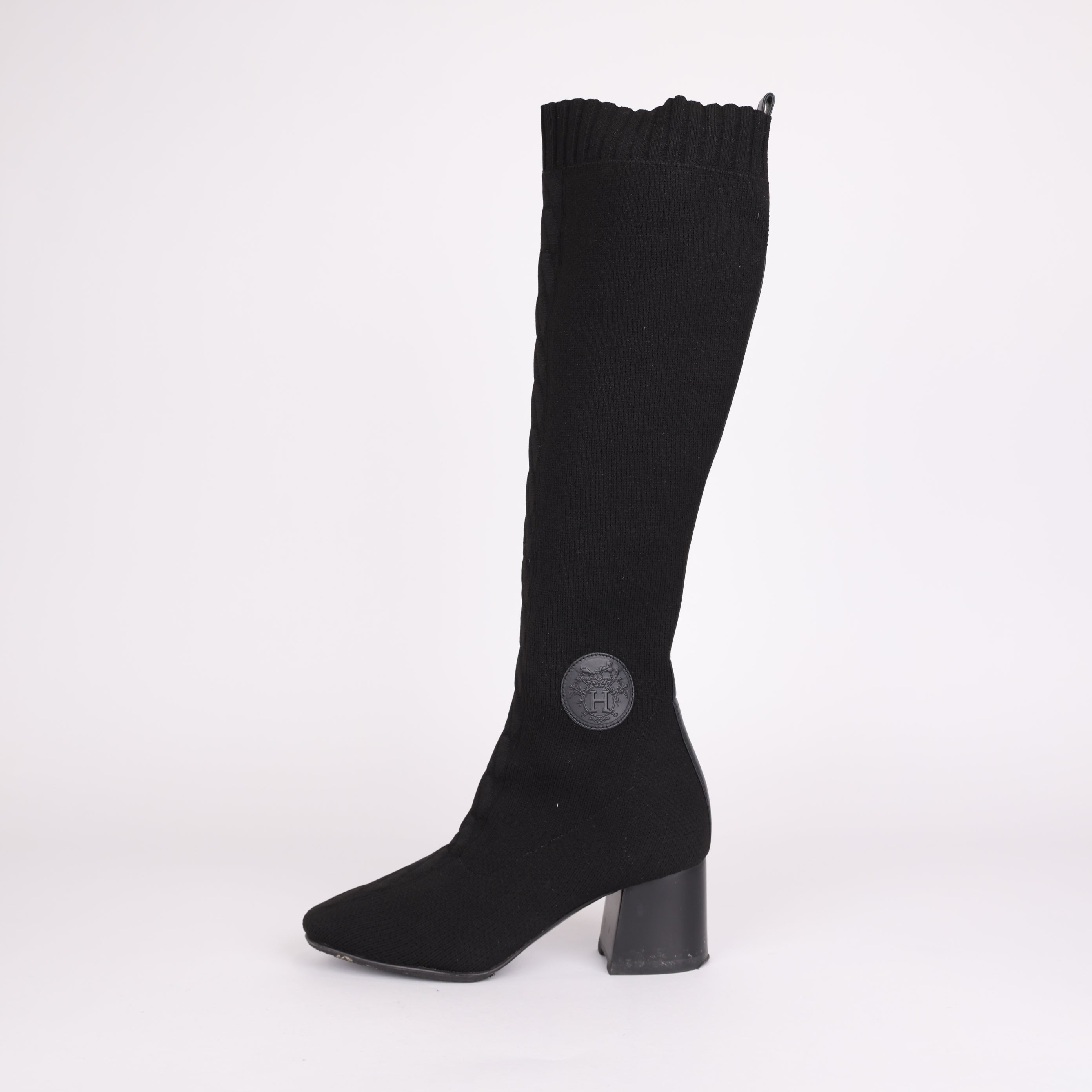 PRE OWNED- HERMES Knit Calfskin Fontaine 60 Boots SIZE EU35/ UK2 Black