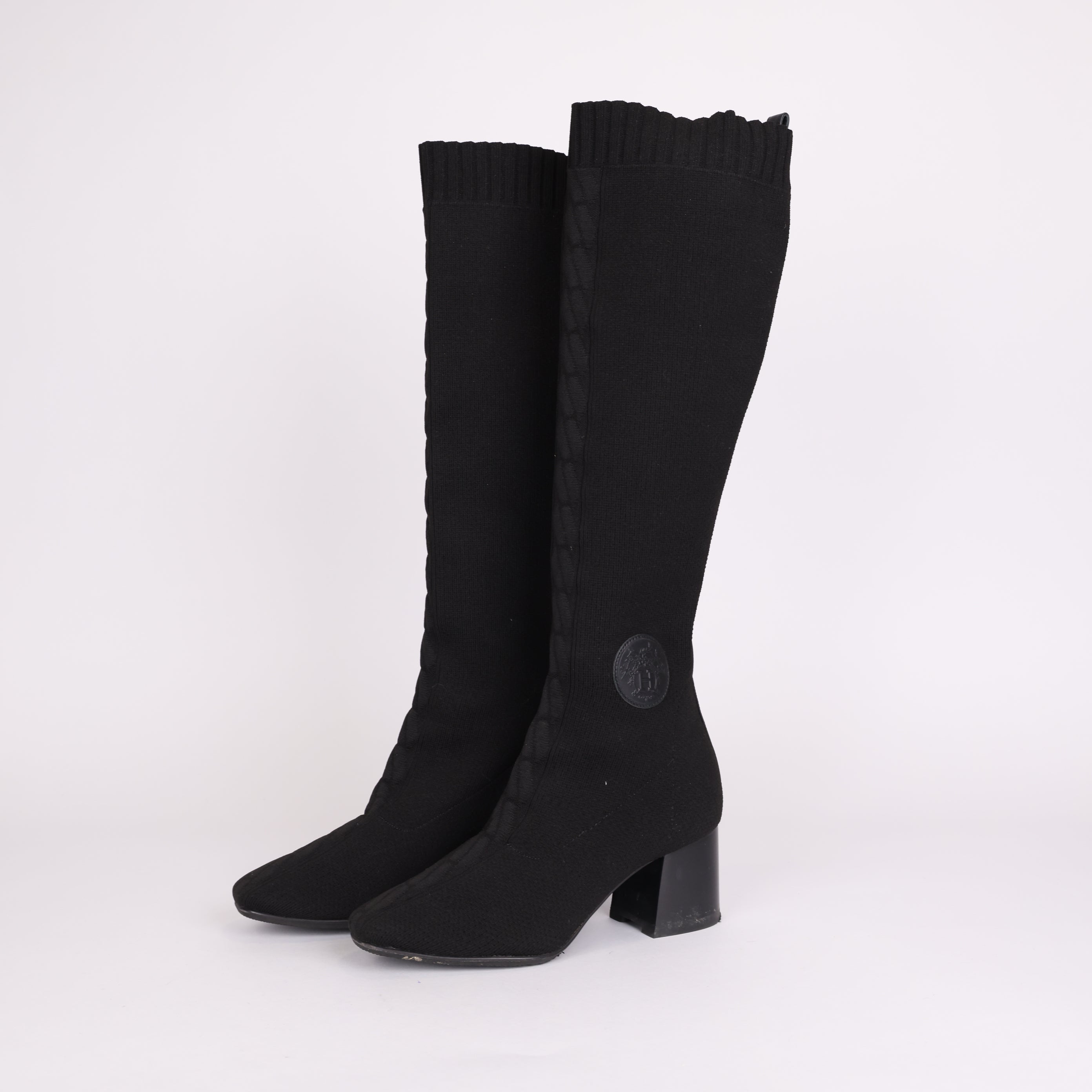PRE OWNED- HERMES Knit Calfskin Fontaine 60 Boots SIZE EU35/ UK2 Black