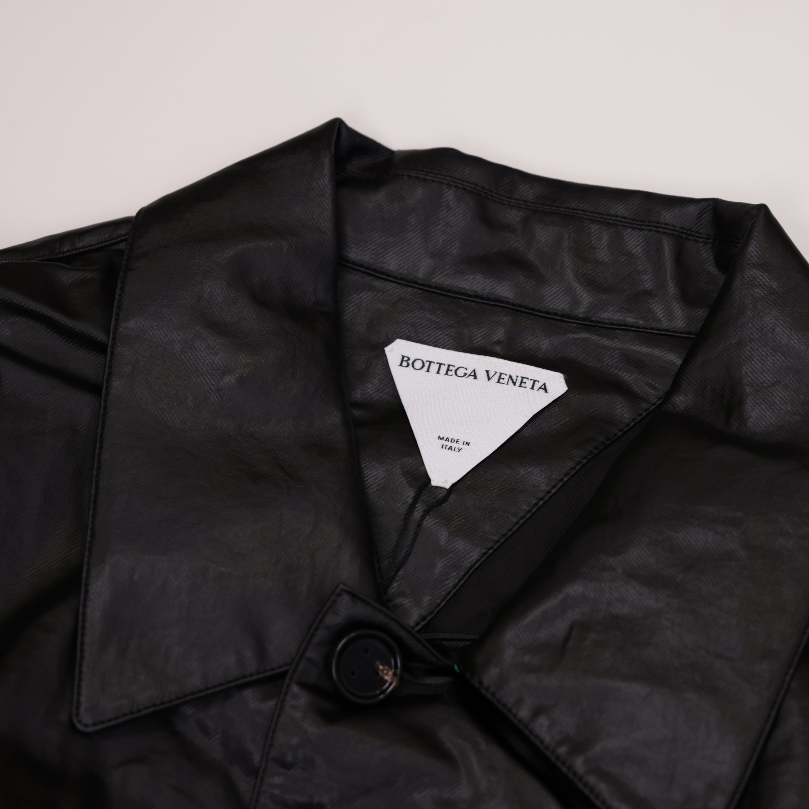 PRE OWNED- Bottega Veneta BV Black Leather Trench Coat MEN'S Size 50