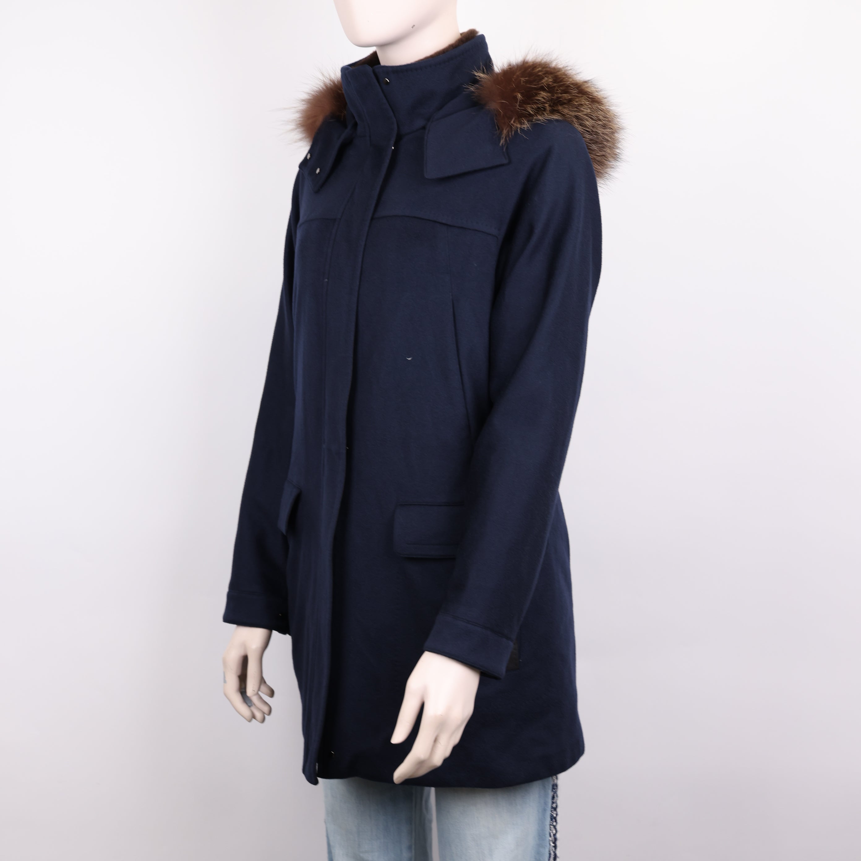 PRE OWNED- Loro Piana navy blue fur collar coat size 38