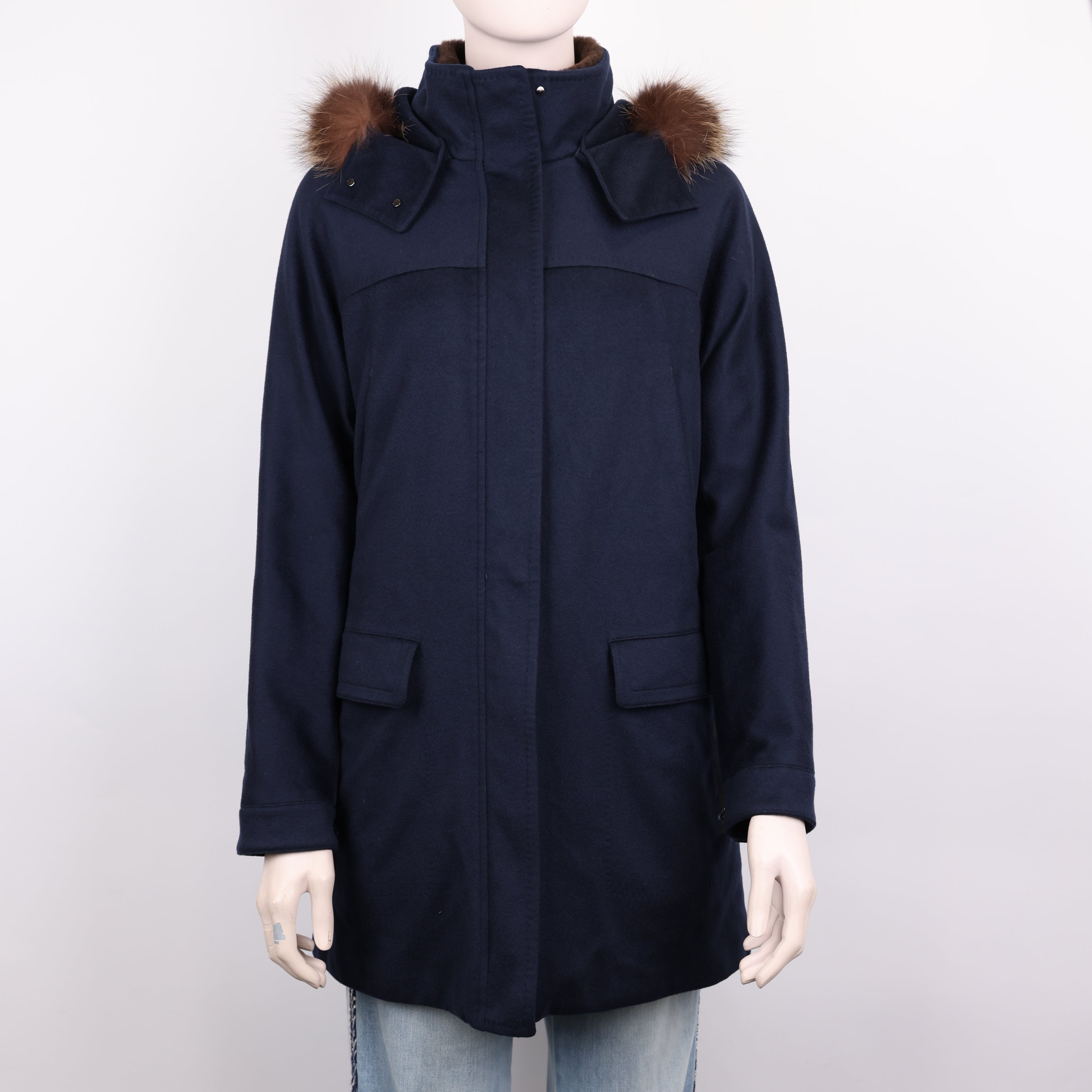PRE OWNED- Loro Piana navy blue fur collar coat size 38