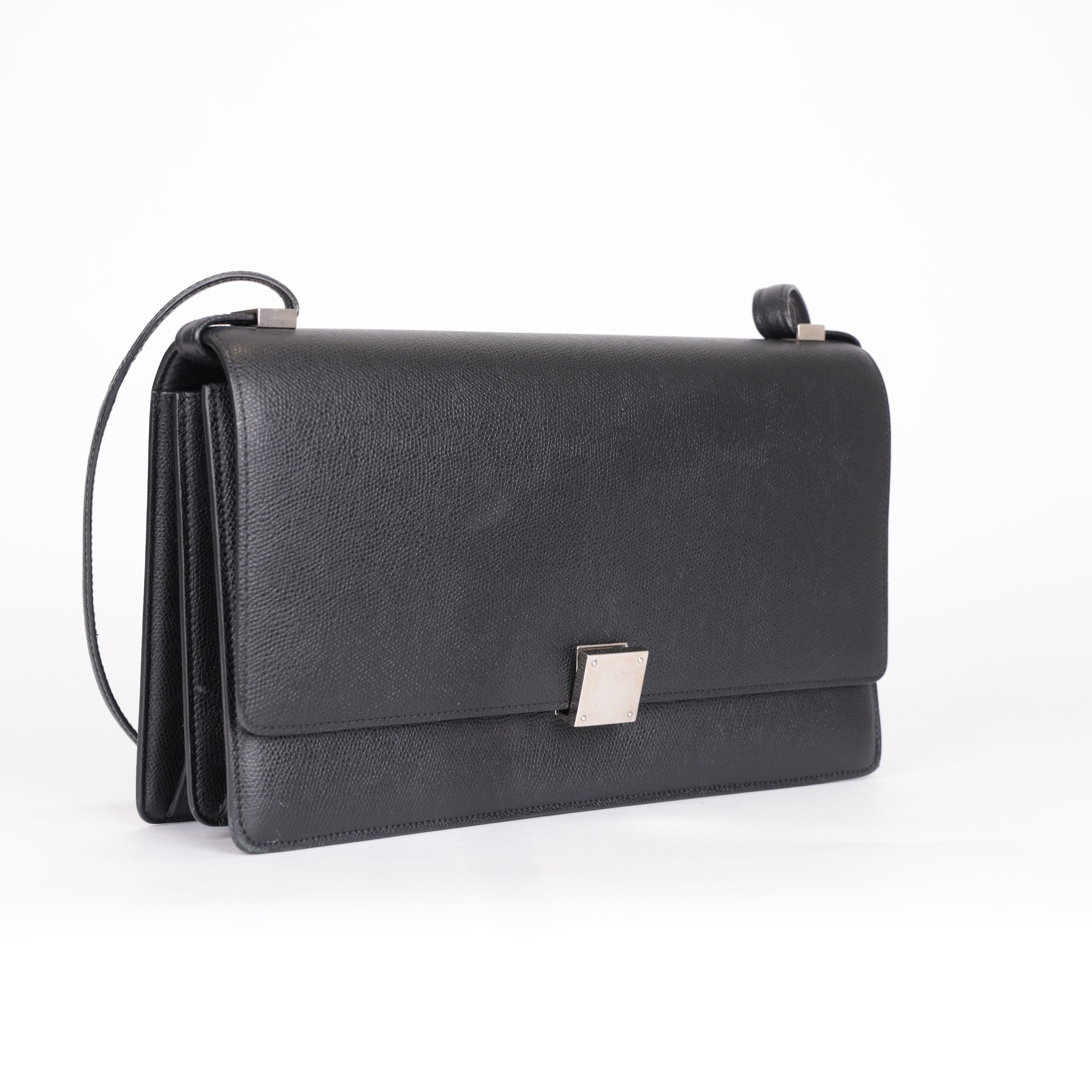 PRE OWNED-Celine Leather Textured Black Case Flap Bag Medium
