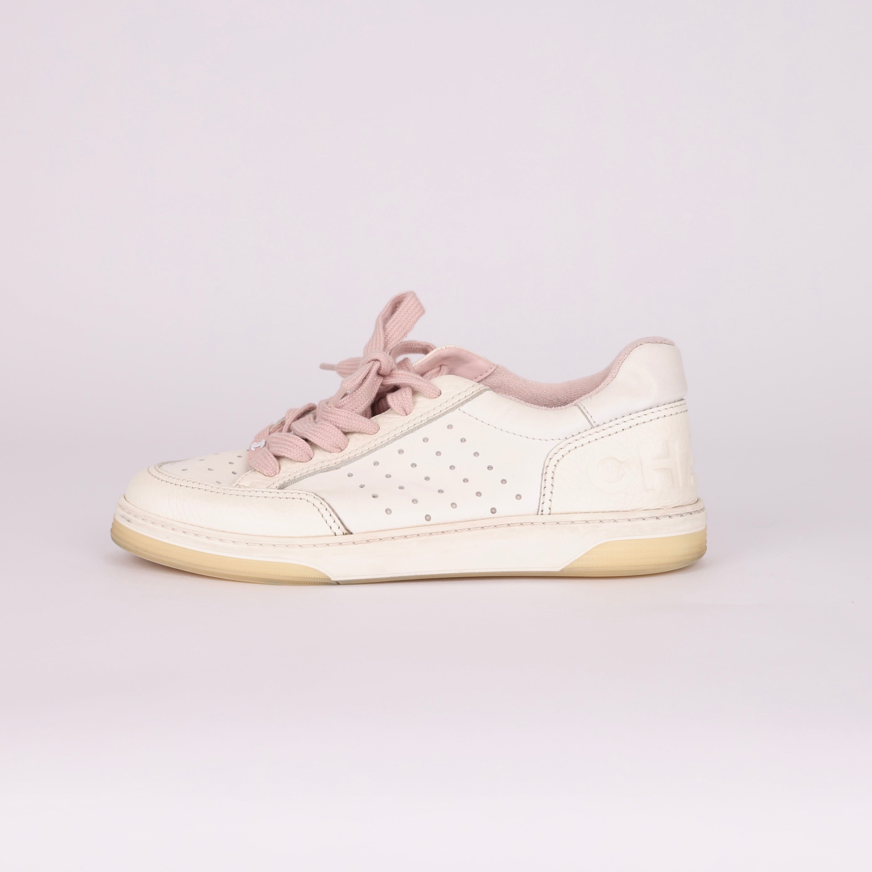PRE OWNED- Chanel 22P White Leather Pink CC Flat Lace Up Tie Runner Trainer Sneaker 38