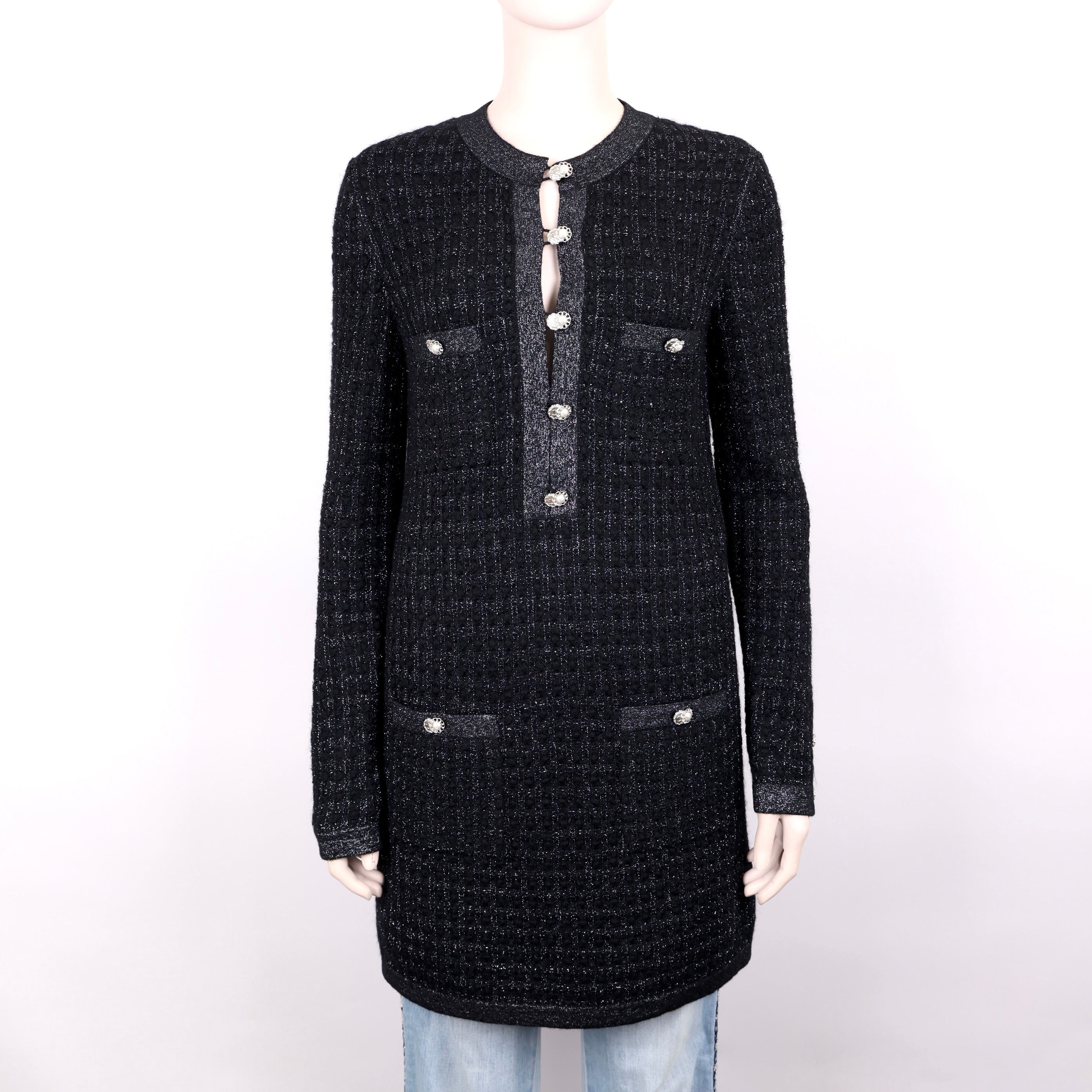 PRE OWNED- Chanel Tweed Knit Black Pearl Button Size 38 Woman