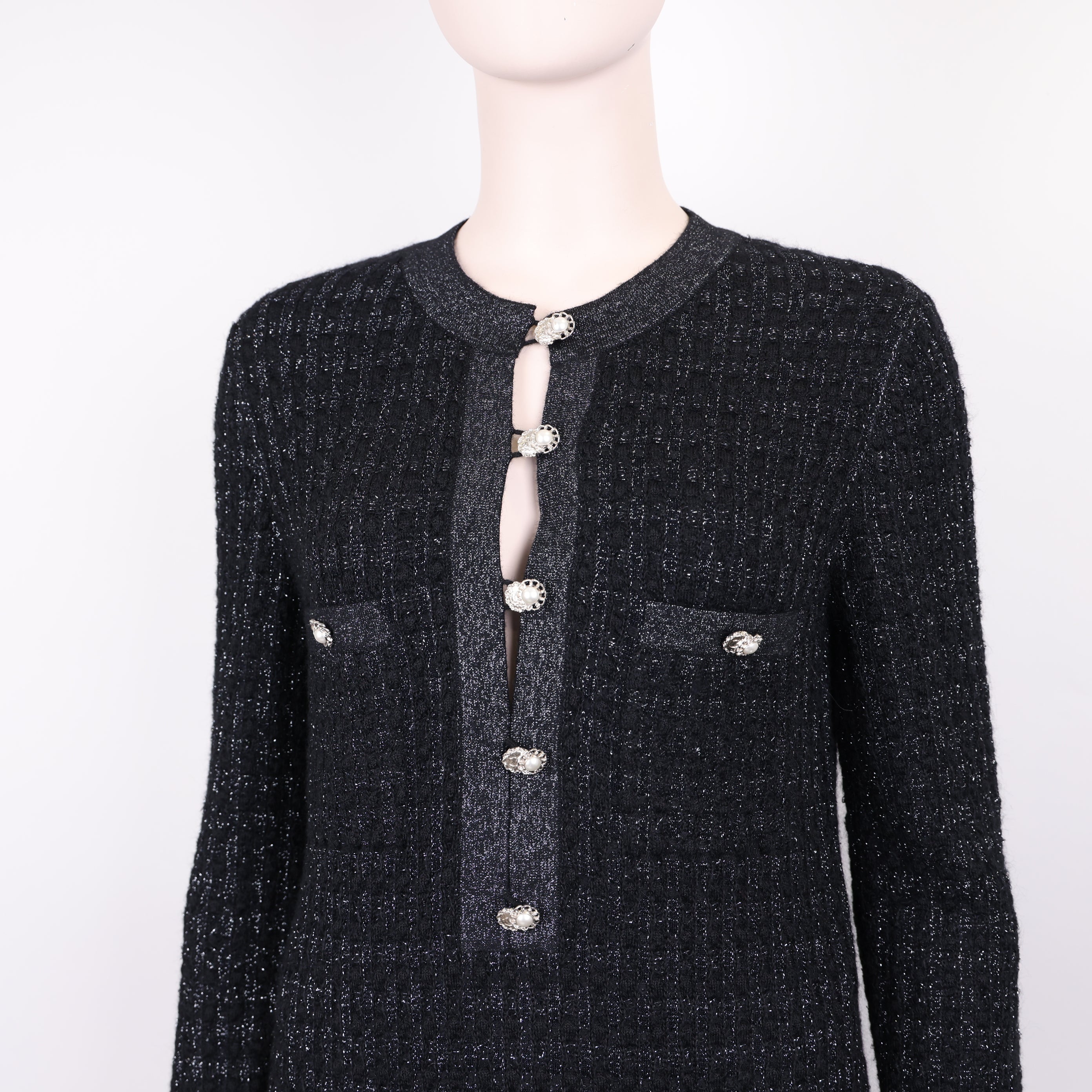 PRE OWNED- Chanel Tweed Knit Black Pearl Button Size 38 Woman