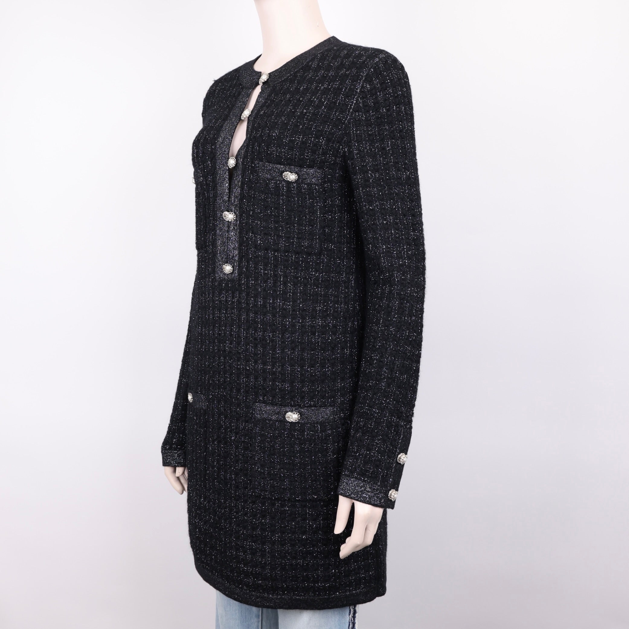 PRE OWNED- Chanel Tweed Knit Black Pearl Button Size 38 Woman