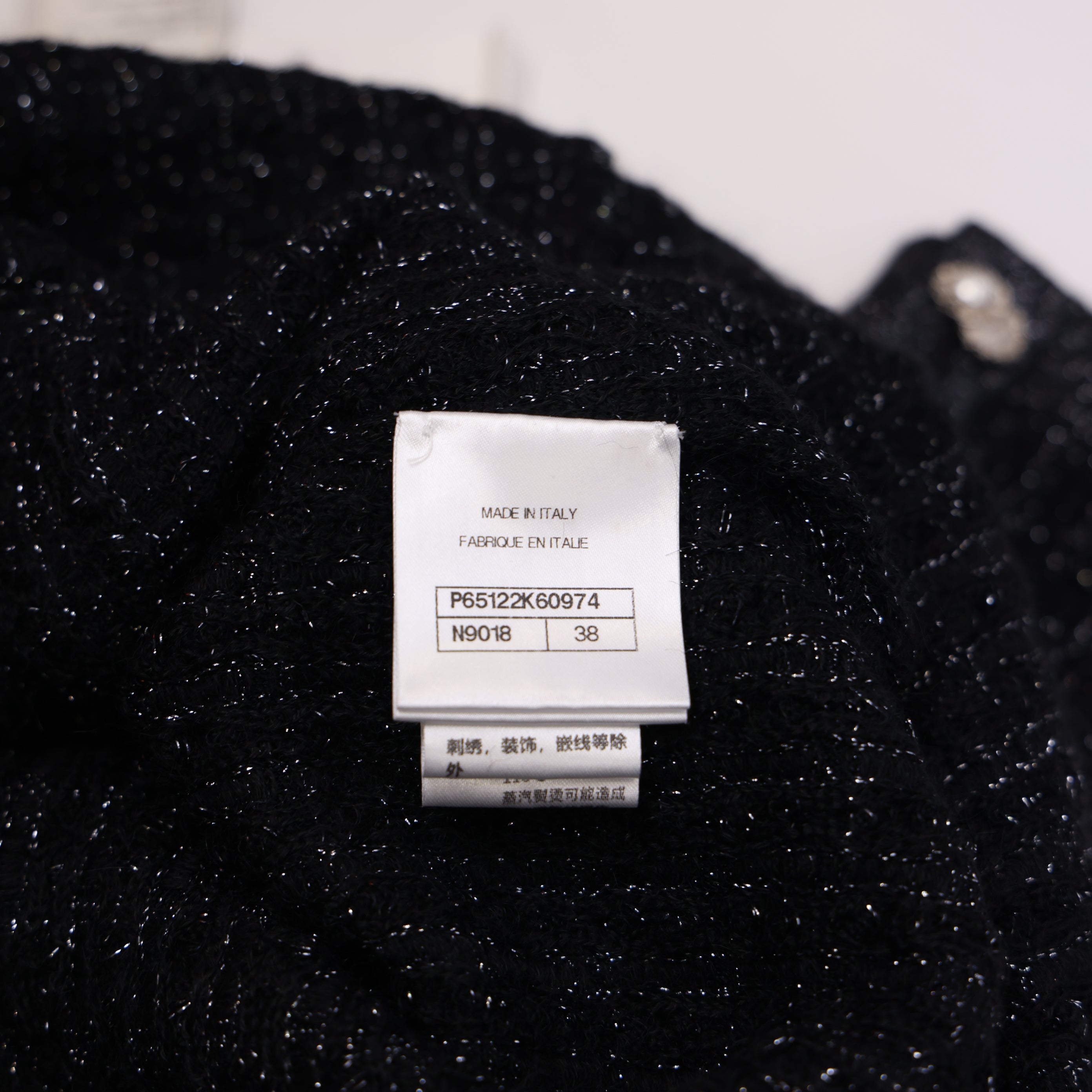 PRE OWNED- Chanel Tweed Knit Black Pearl Button Size 38 Woman