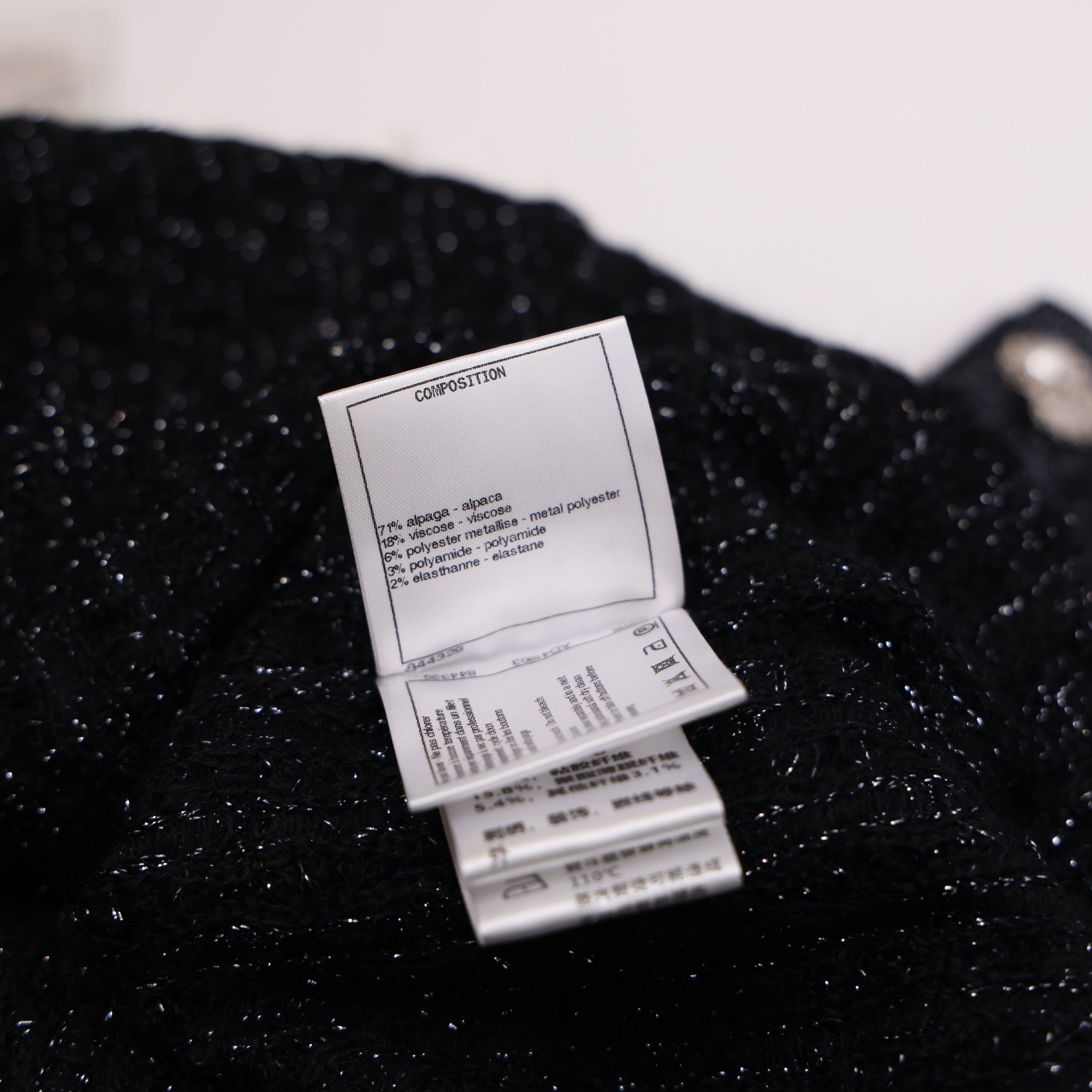 PRE OWNED- Chanel Tweed Knit Black Pearl Button Size 38 Woman