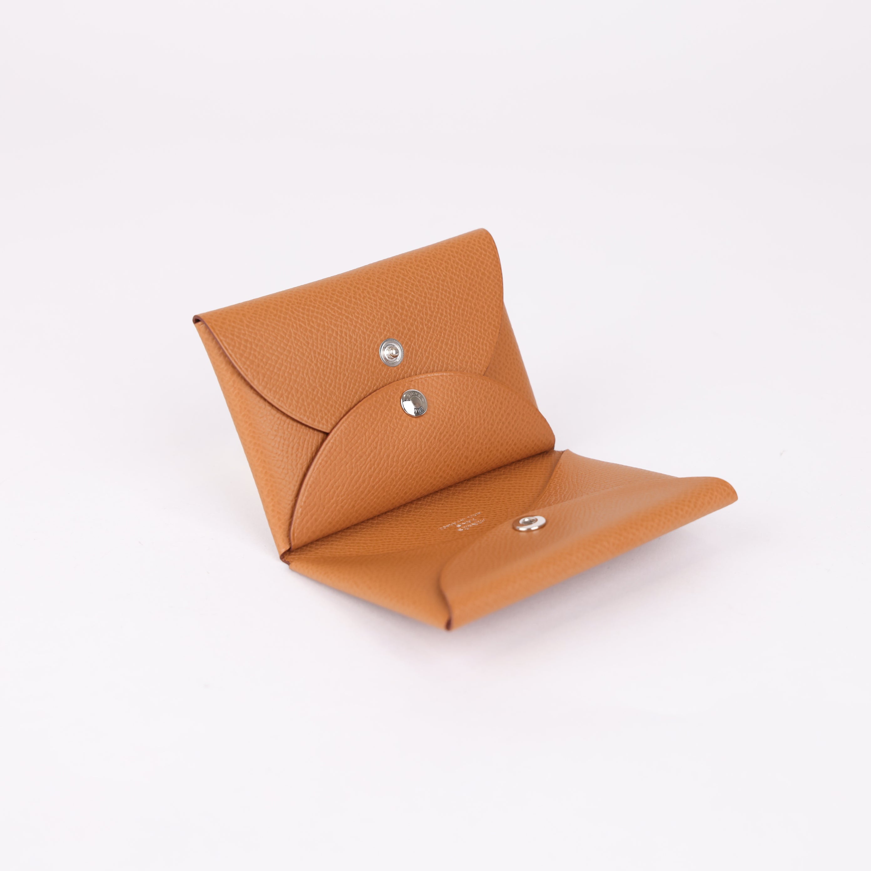 PRE OWNED- HERMES Wallet Calvi duo Coin Compartment coin purse Card Case Epsom Brown