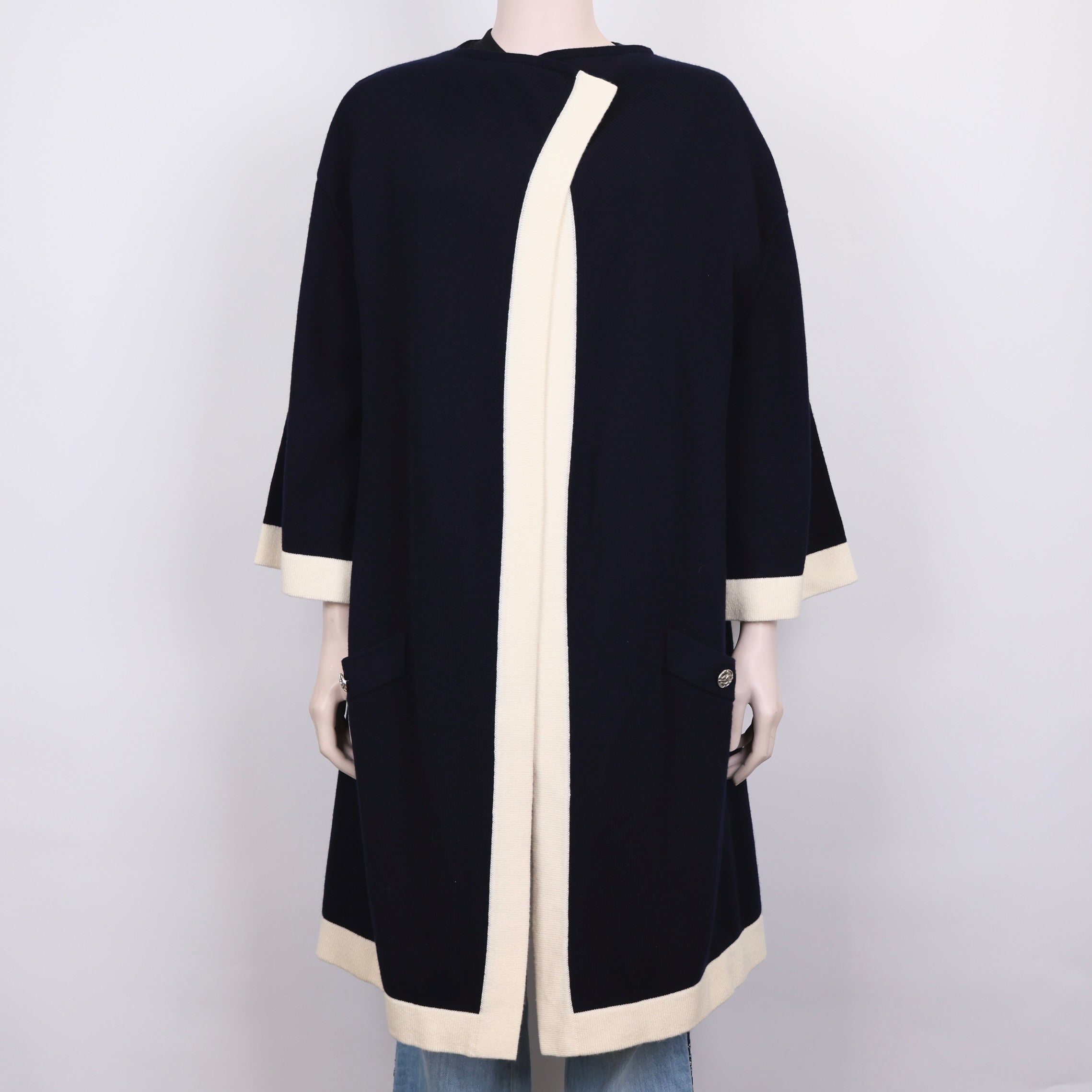 PRE OWNED- CHANEL CASHMERE CARDI/COAT WITH 'CC' LOGO BUTTONS. SIZE 38FR