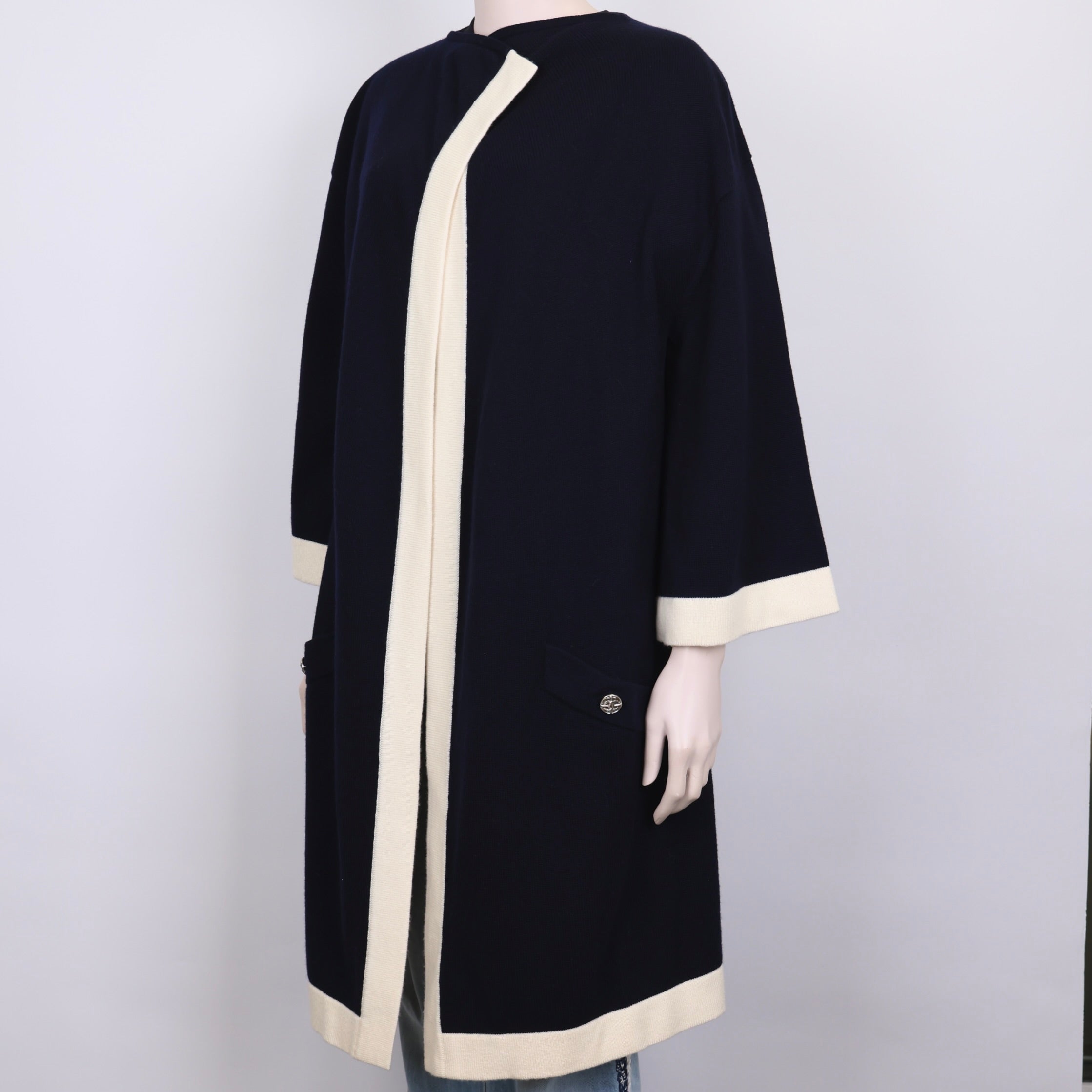 PRE OWNED- CHANEL CASHMERE CARDI/COAT WITH 'CC' LOGO BUTTONS. SIZE 38FR