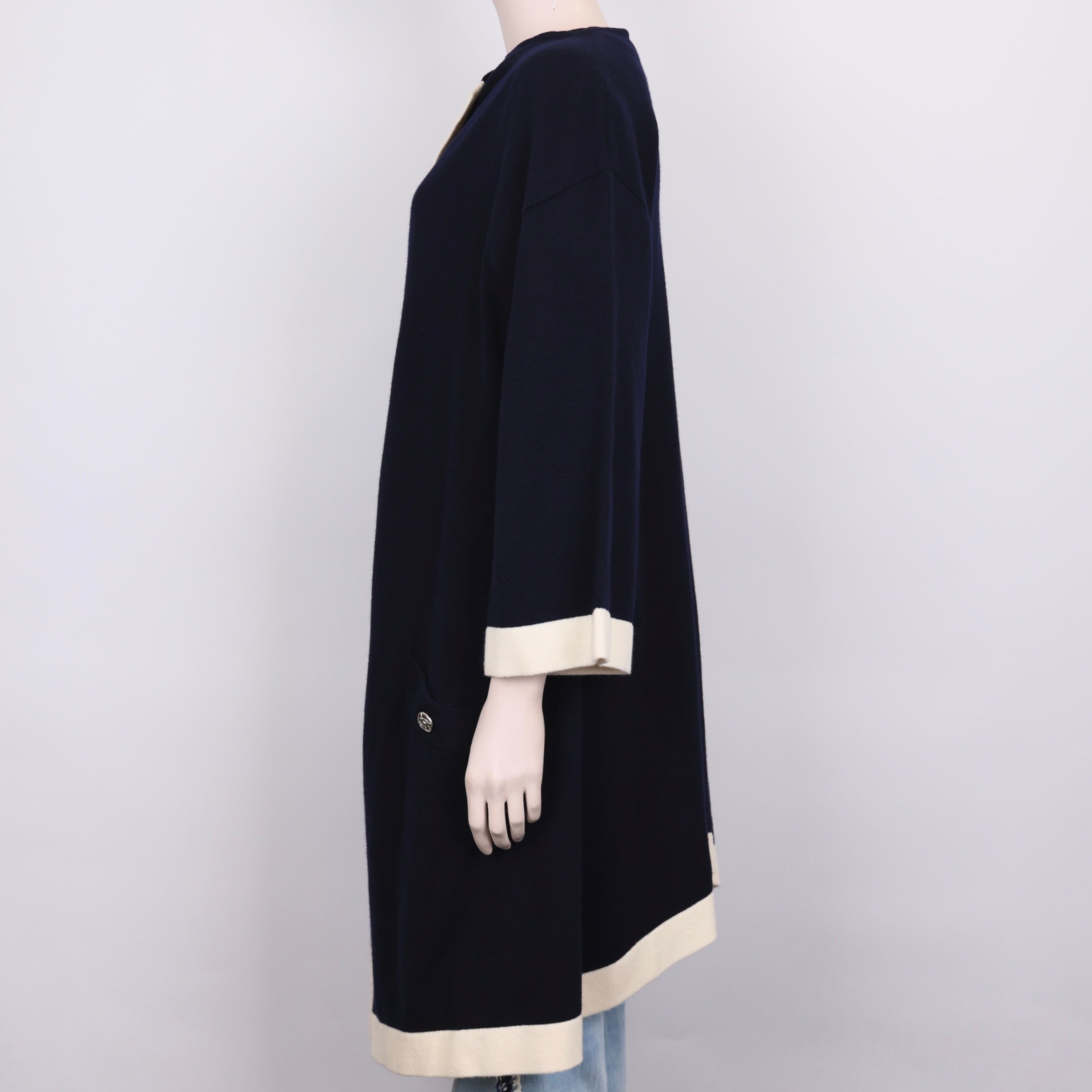 PRE OWNED- CHANEL CASHMERE CARDI/COAT WITH 'CC' LOGO BUTTONS. SIZE 38FR