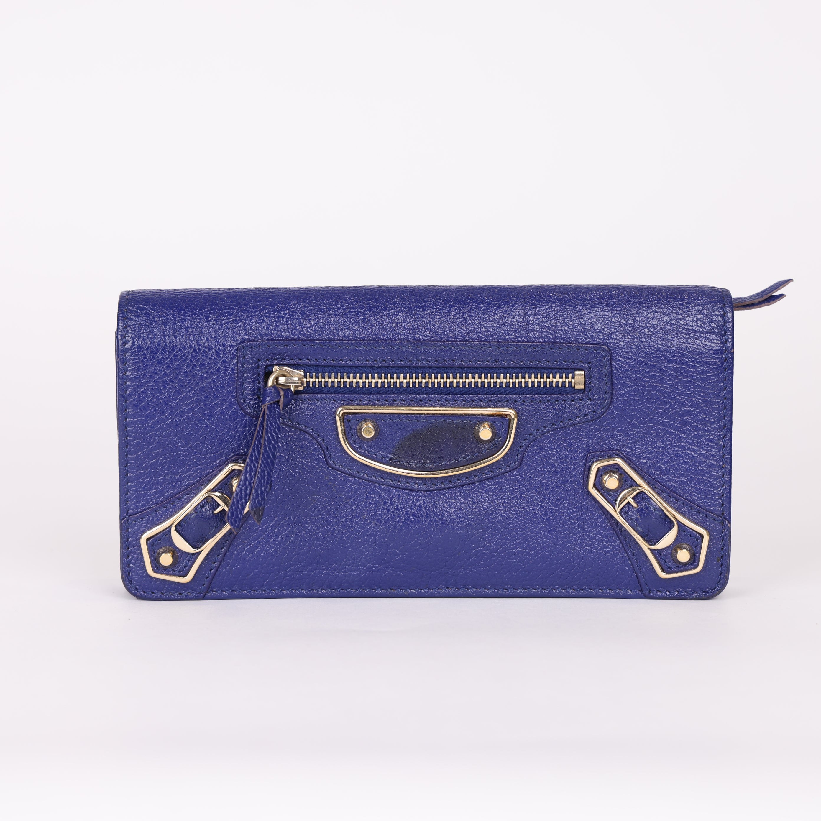 PRE OWNED- BALENCIAGA navy blue City Moto leather continental wallet J0565W94211