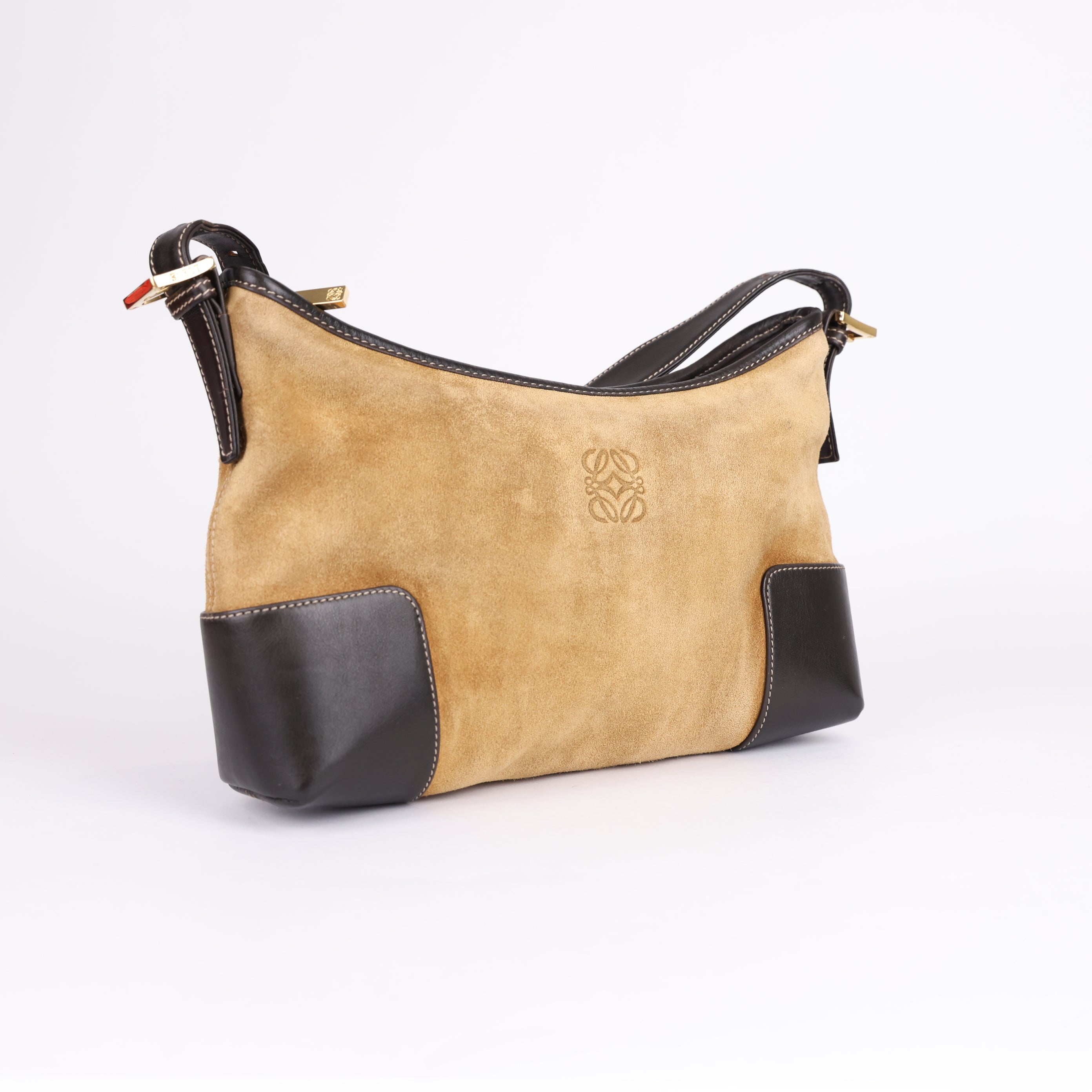 LOEWE Brown Anagram Suede Shoulder Bag Dark brown- Pre Owned