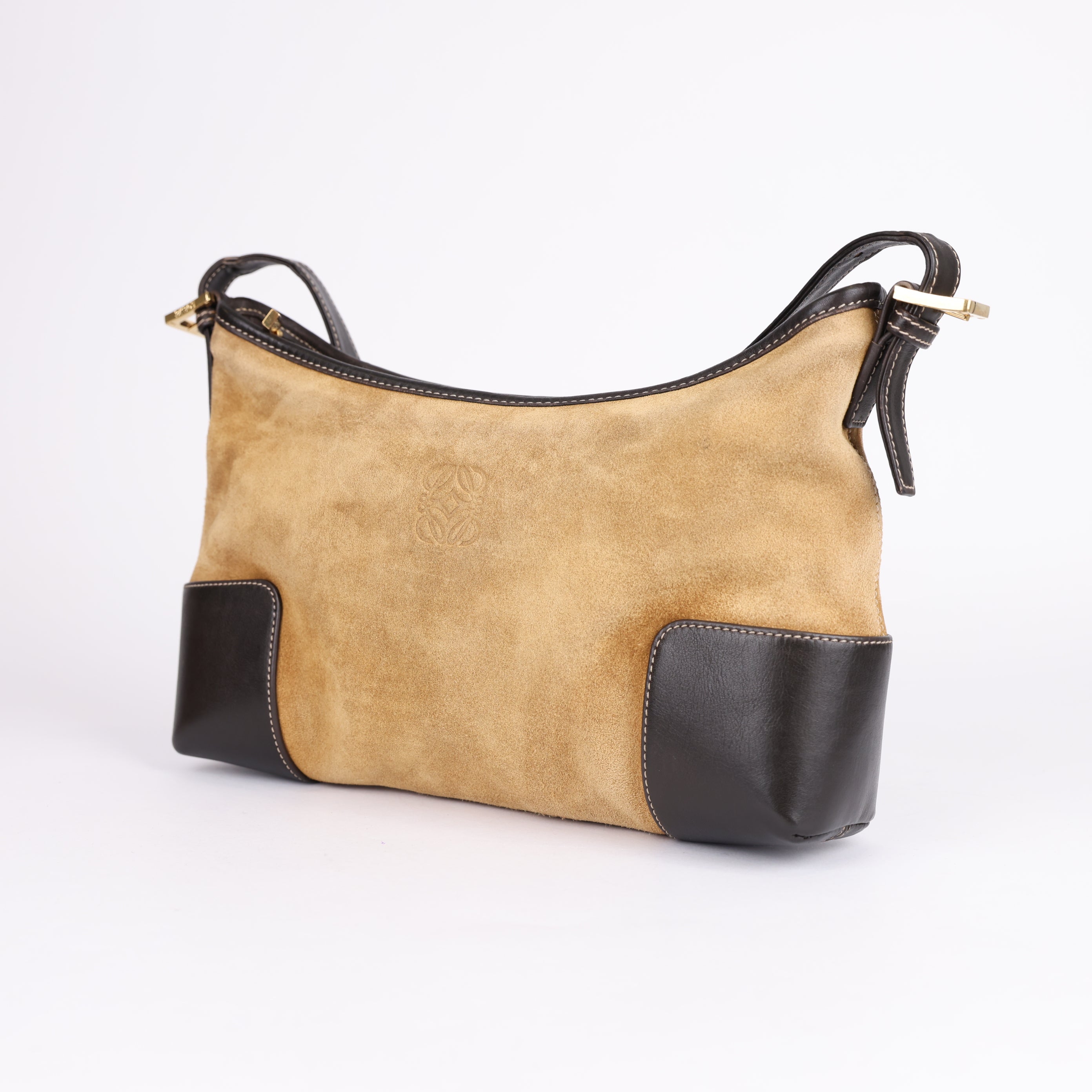 LOEWE Brown Anagram Suede Shoulder Bag Dark brown- Pre Owned