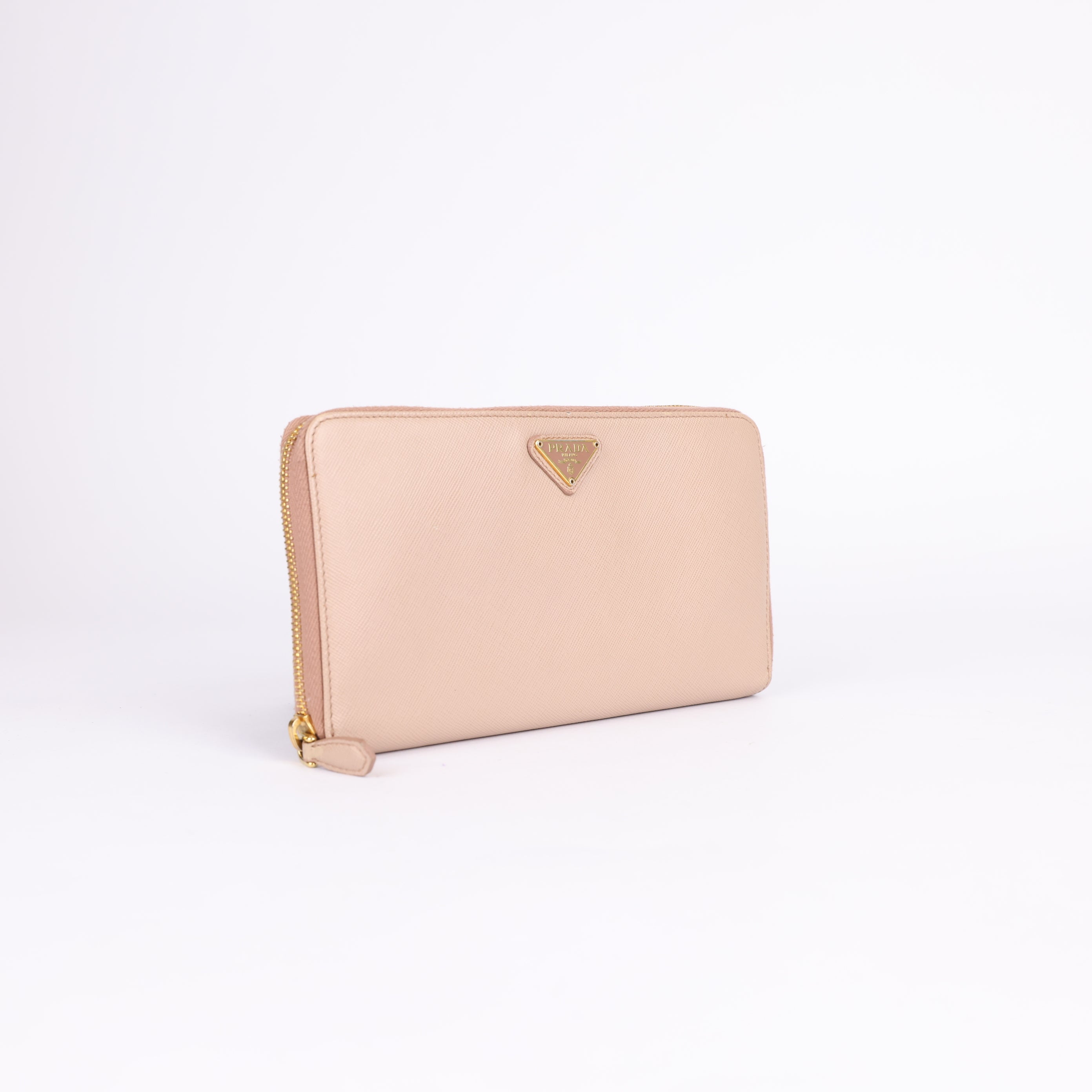 PRADA Saffiano Leather Wallet in Pink Beige with Metal Triangle Logo- Pre Owned