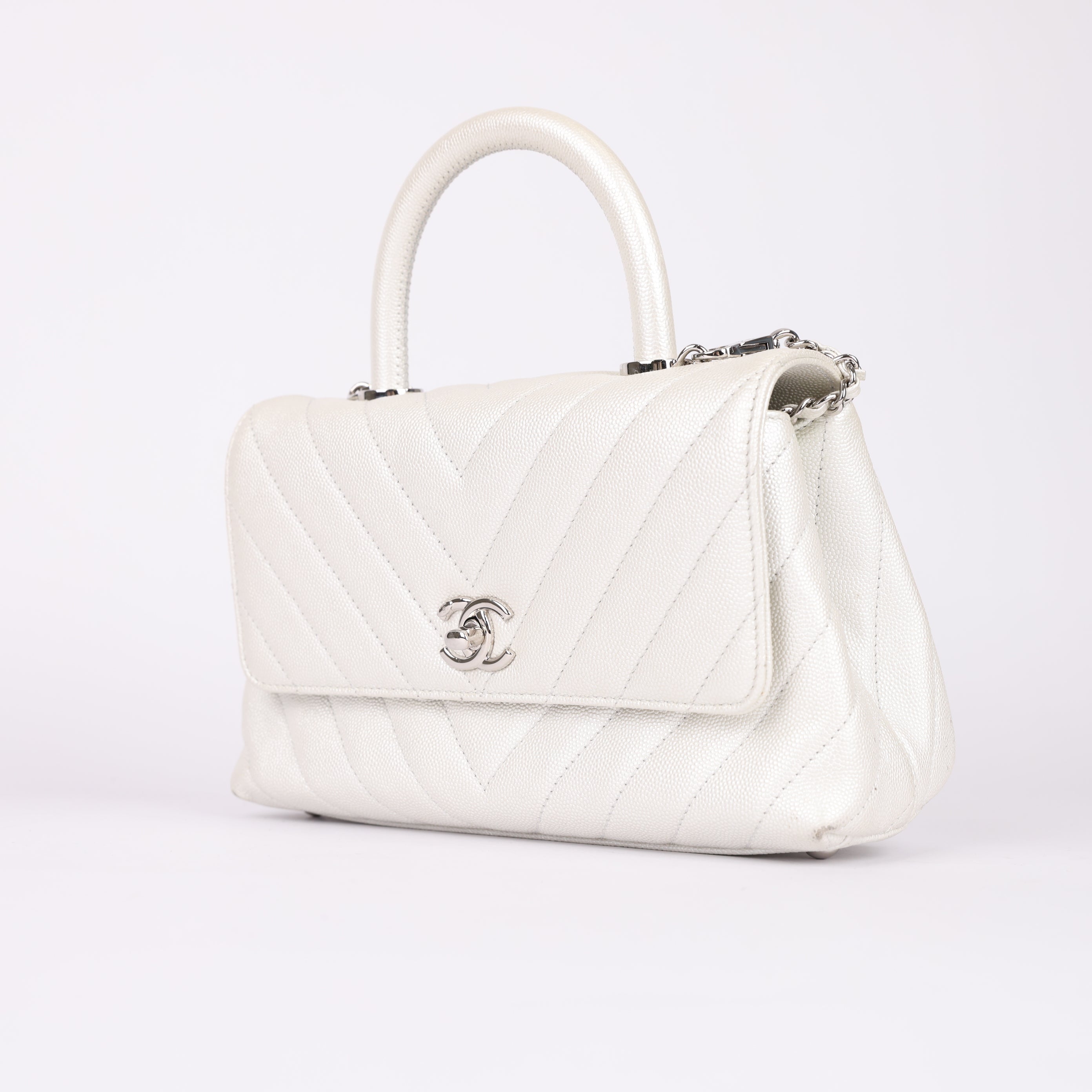 Chanel White Small Coco Handle Chevron Caviar bag- Pre Owned
