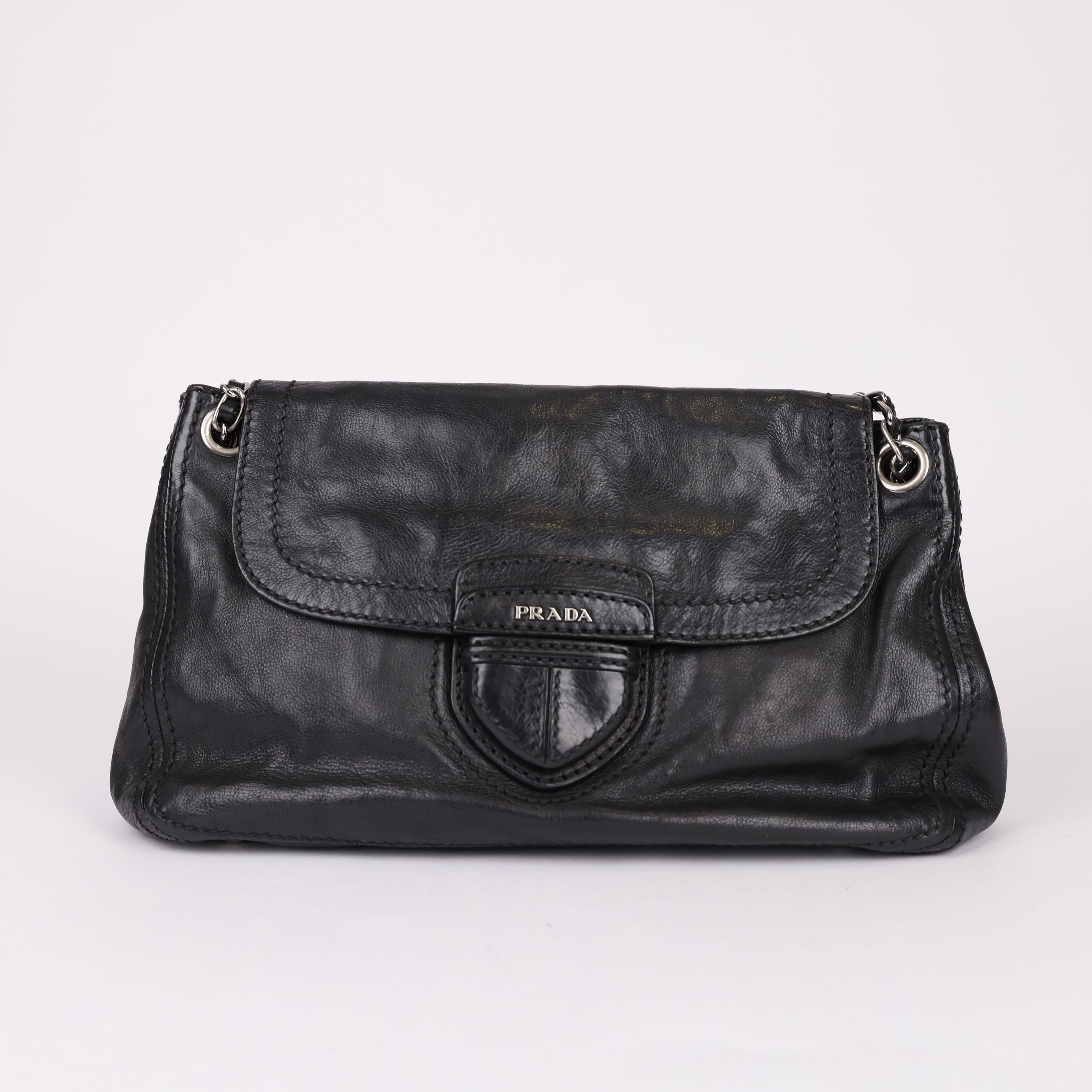 J0766B99305 Prada Leather Flap Chain Shoulder Bag Black- Pre Owned