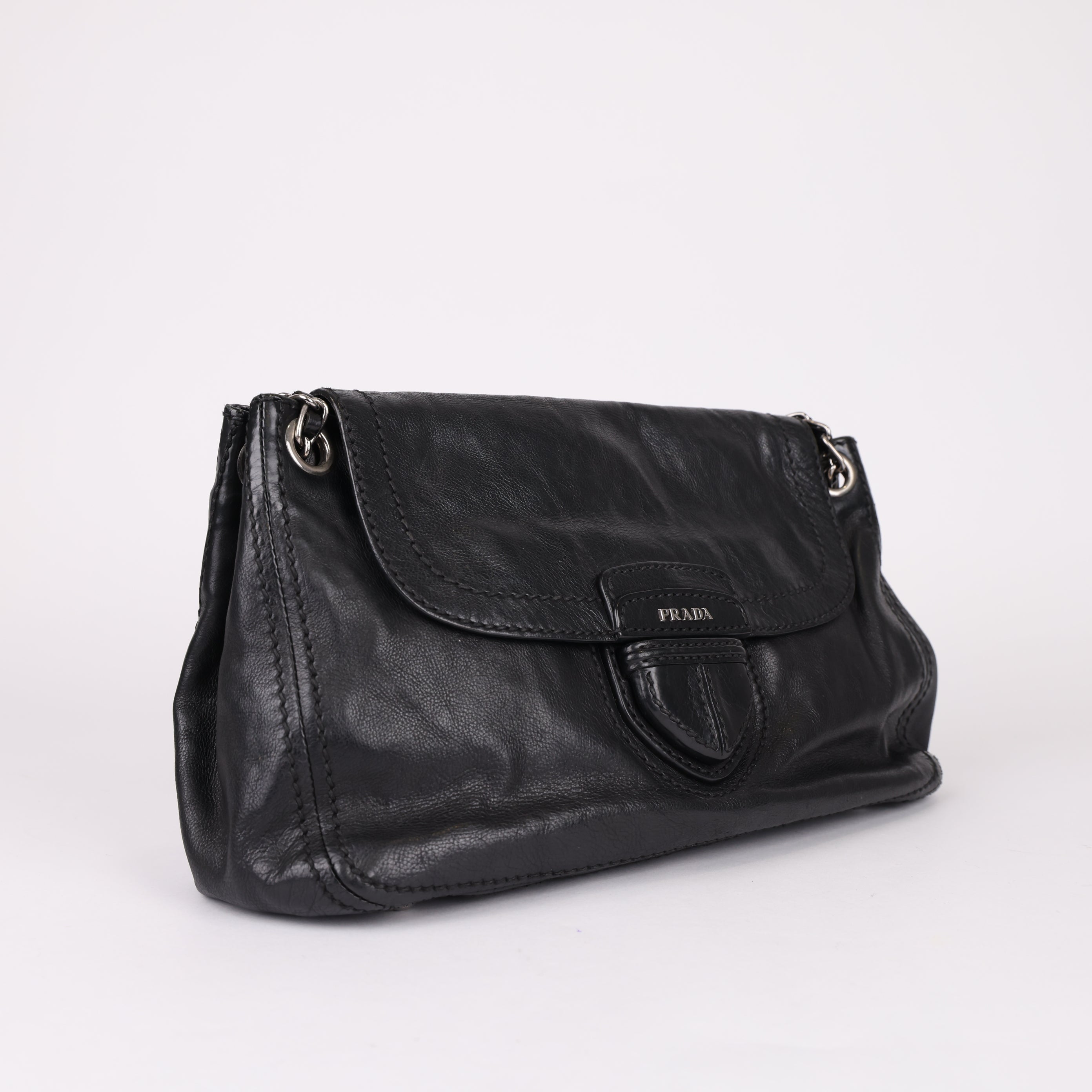 J0766B99305 Prada Leather Flap Chain Shoulder Bag Black- Pre Owned