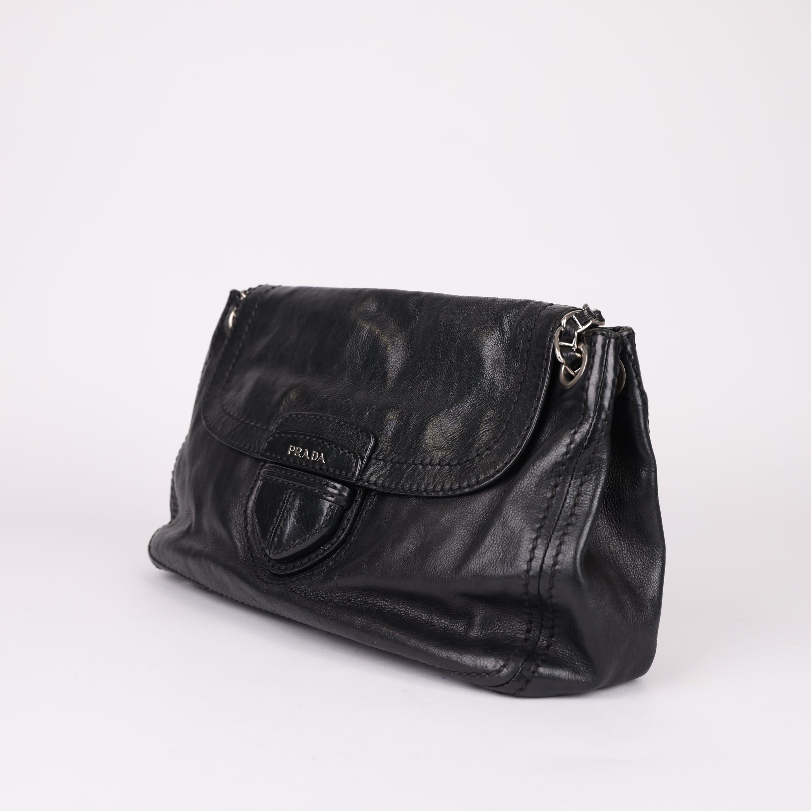 J0766B99305 Prada Leather Flap Chain Shoulder Bag Black- Pre Owned