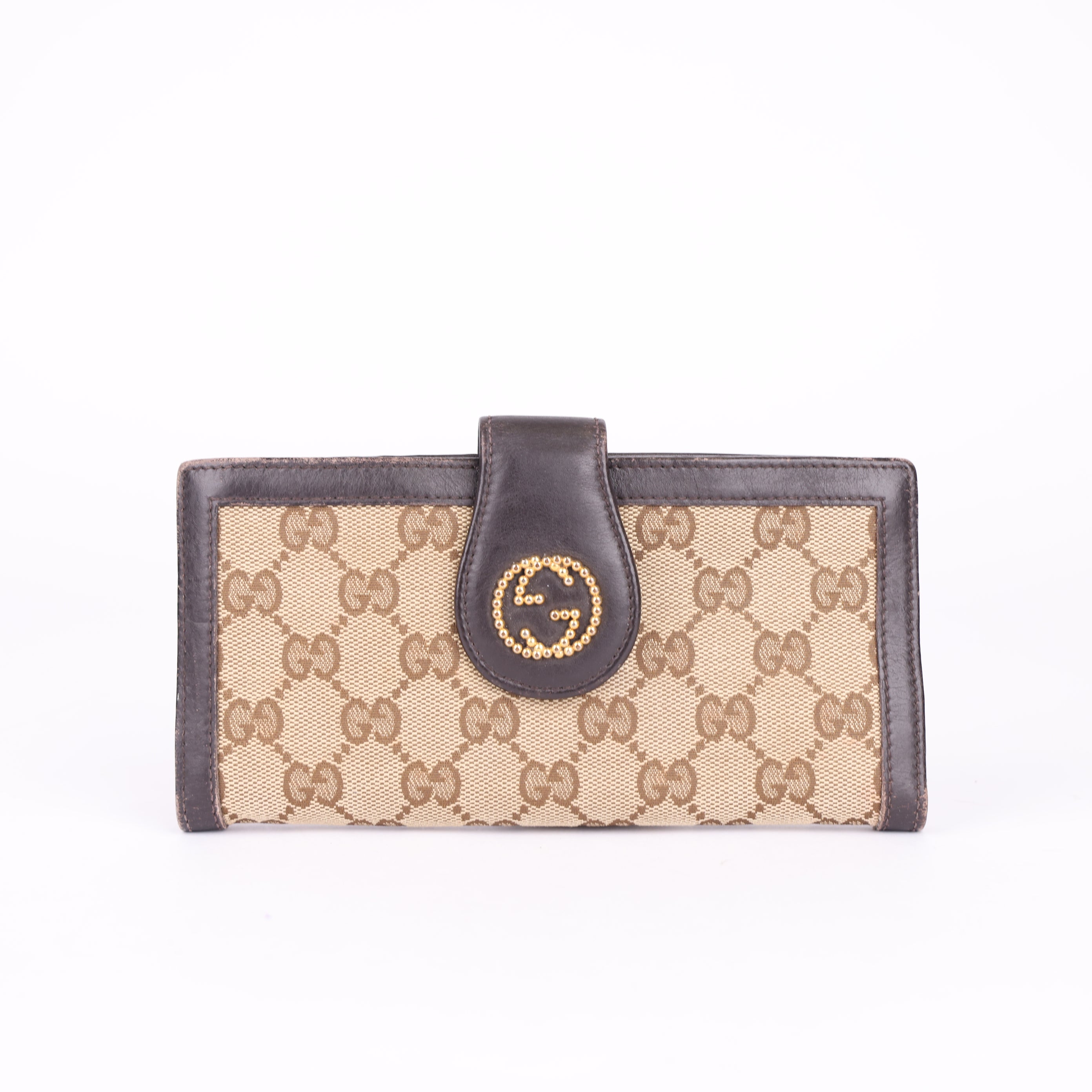J0771 Gucci Brown Studded Interlocking GG Canvas Bifold Wallet Beige - Pre Owned