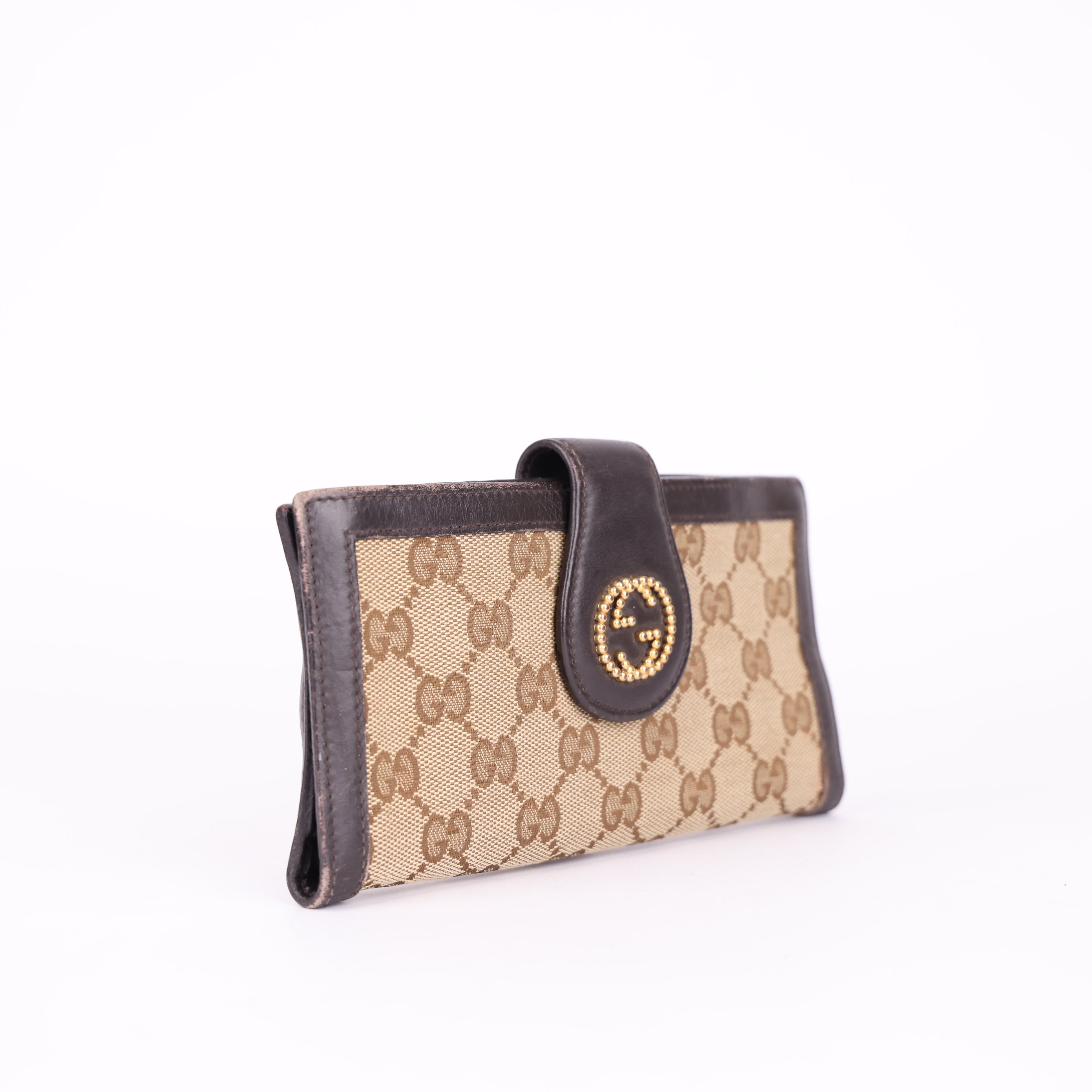 J0771 Gucci Brown Studded Interlocking GG Canvas Bifold Wallet Beige - Pre Owned