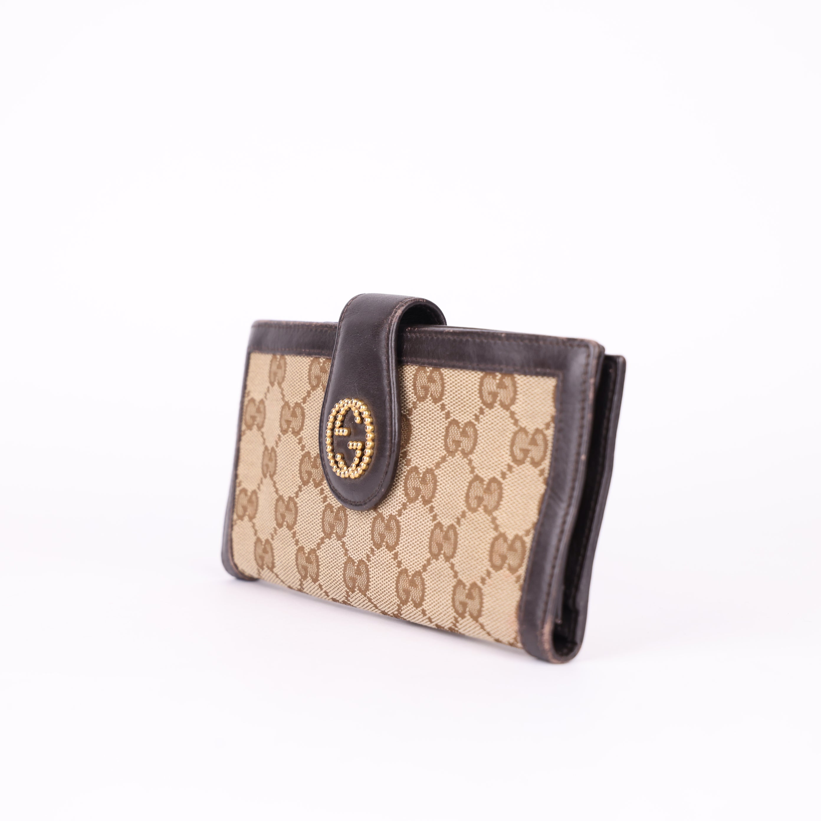 J0771 Gucci Brown Studded Interlocking GG Canvas Bifold Wallet Beige - Pre Owned