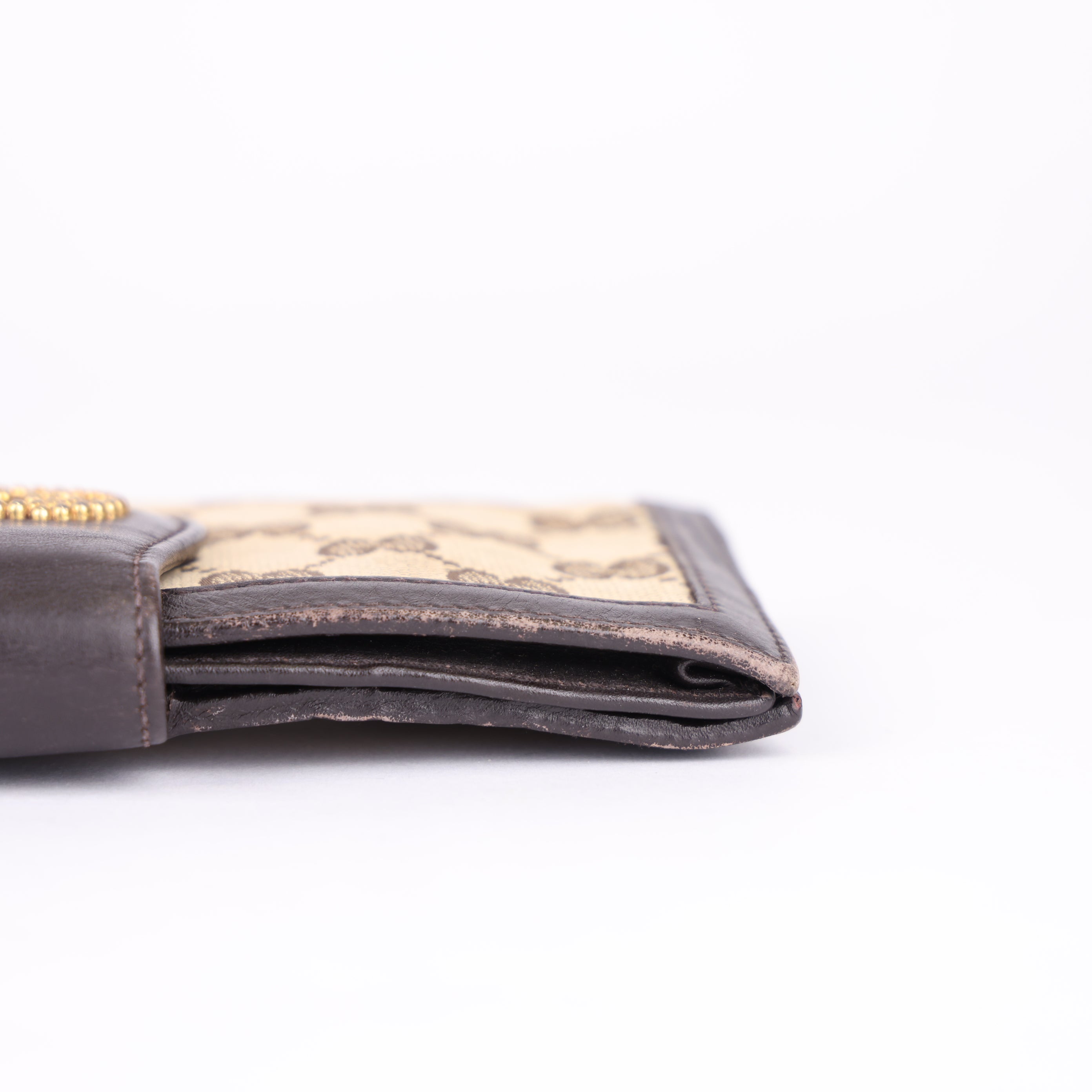 J0771 Gucci Brown Studded Interlocking GG Canvas Bifold Wallet Beige - Pre Owned