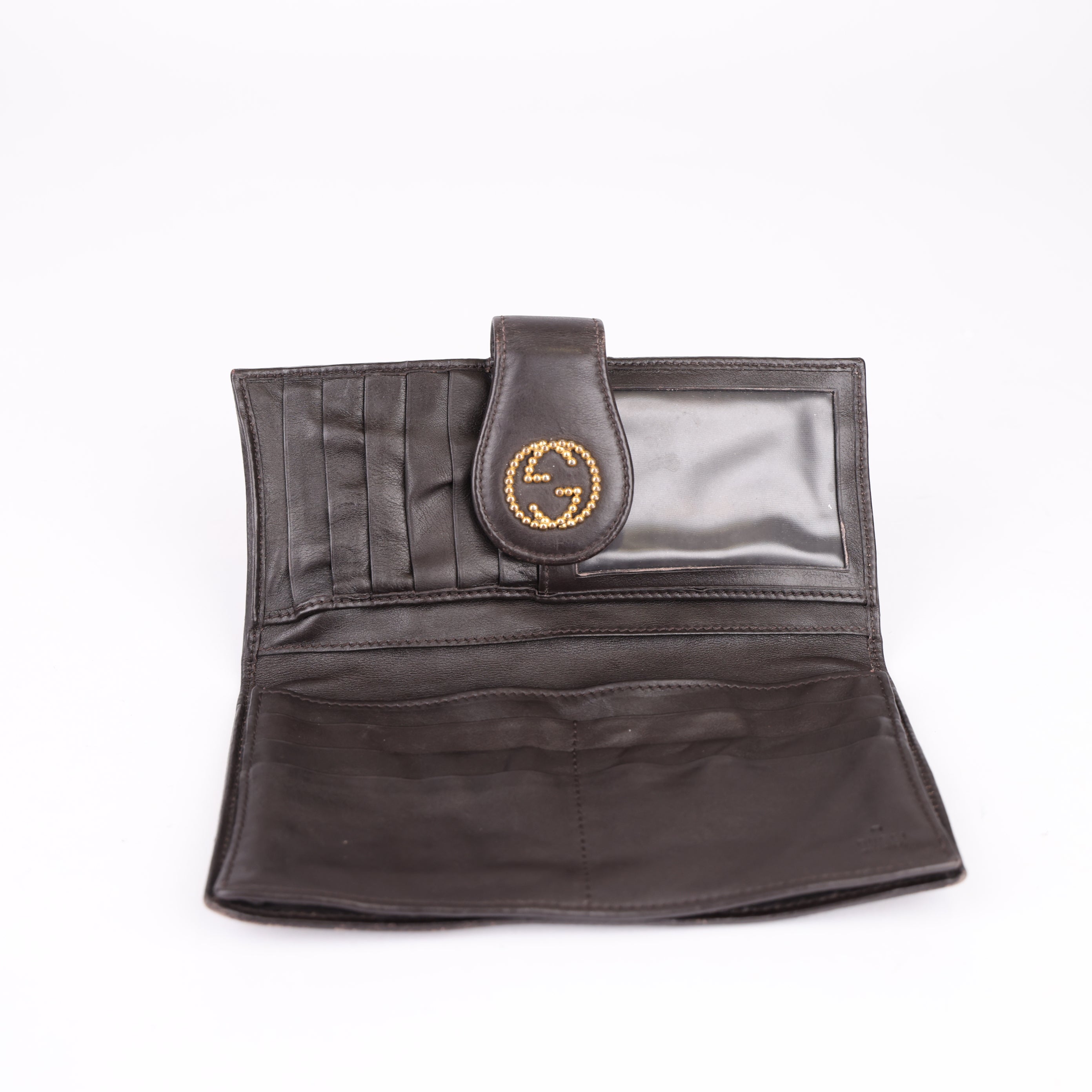 J0771 Gucci Brown Studded Interlocking GG Canvas Bifold Wallet Beige - Pre Owned