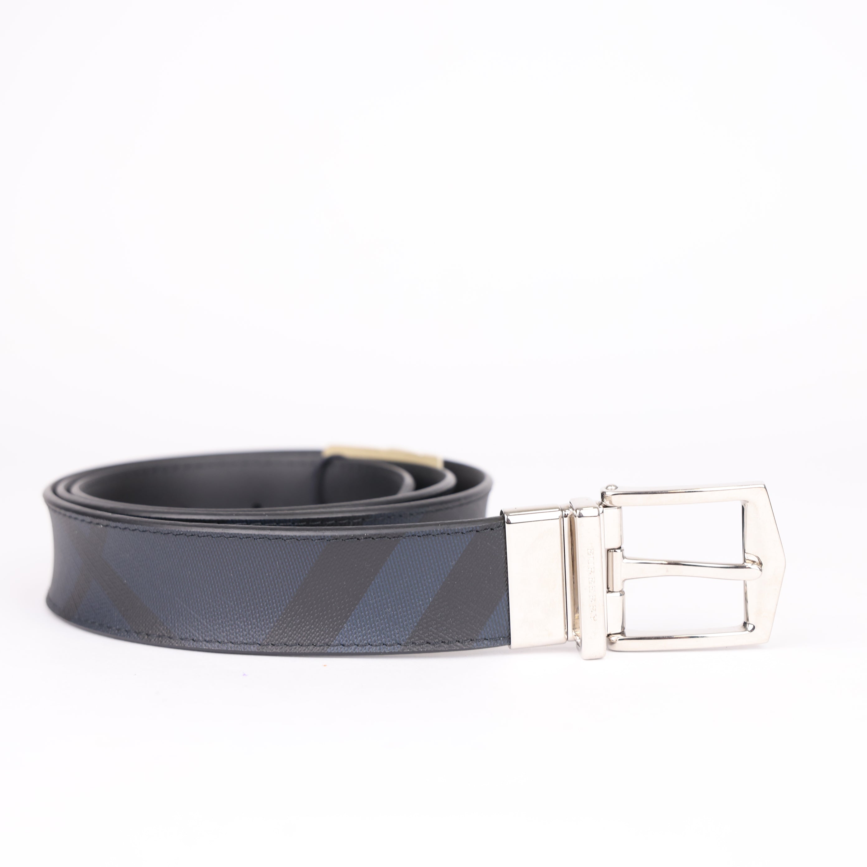 BURBERRY Reversible London Check Belt Navy/Black Leather Buckle- Pre Owned