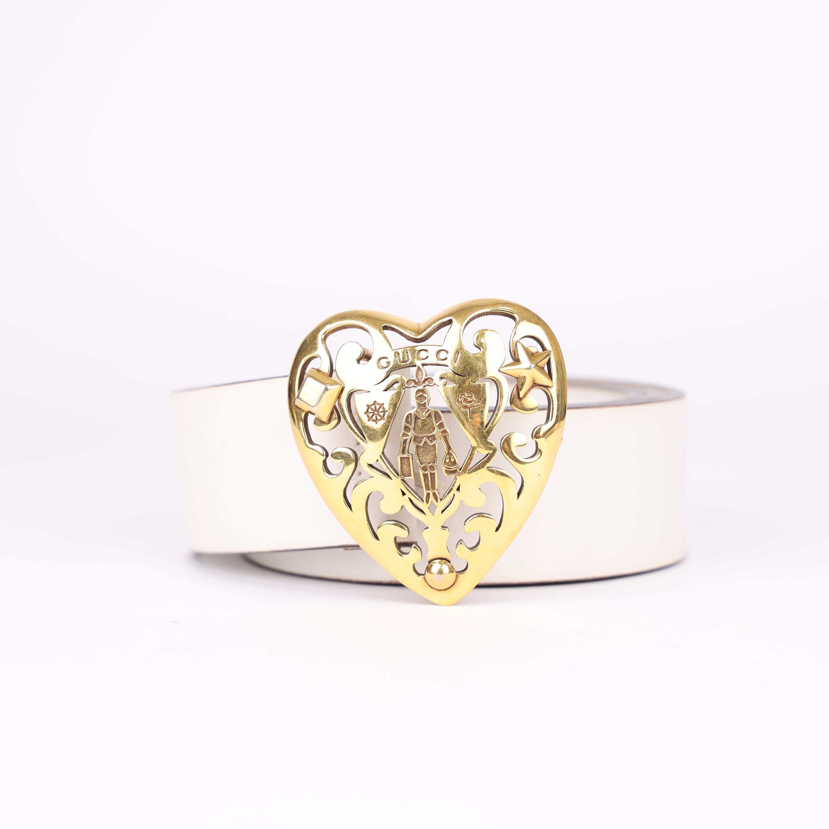 J0793 Gucci White Leather Heart Crest Buckle Belt 90cm- Pre Owned